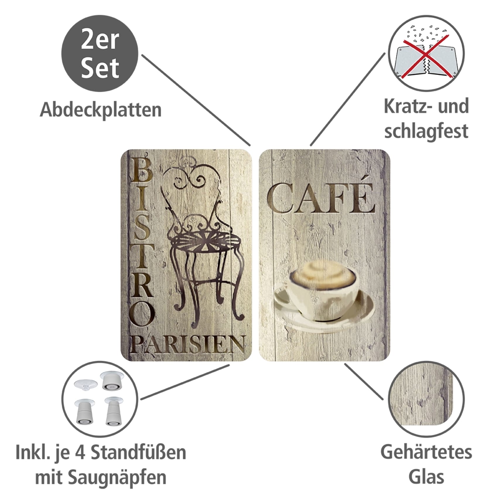 WENKO Herd-Abdeckplatte »Universal Modell Bistro«, (Set, 2 tlg.), Herdabdeckung für alle Herdarten, kratzfest, mit rutschfesten Füssen