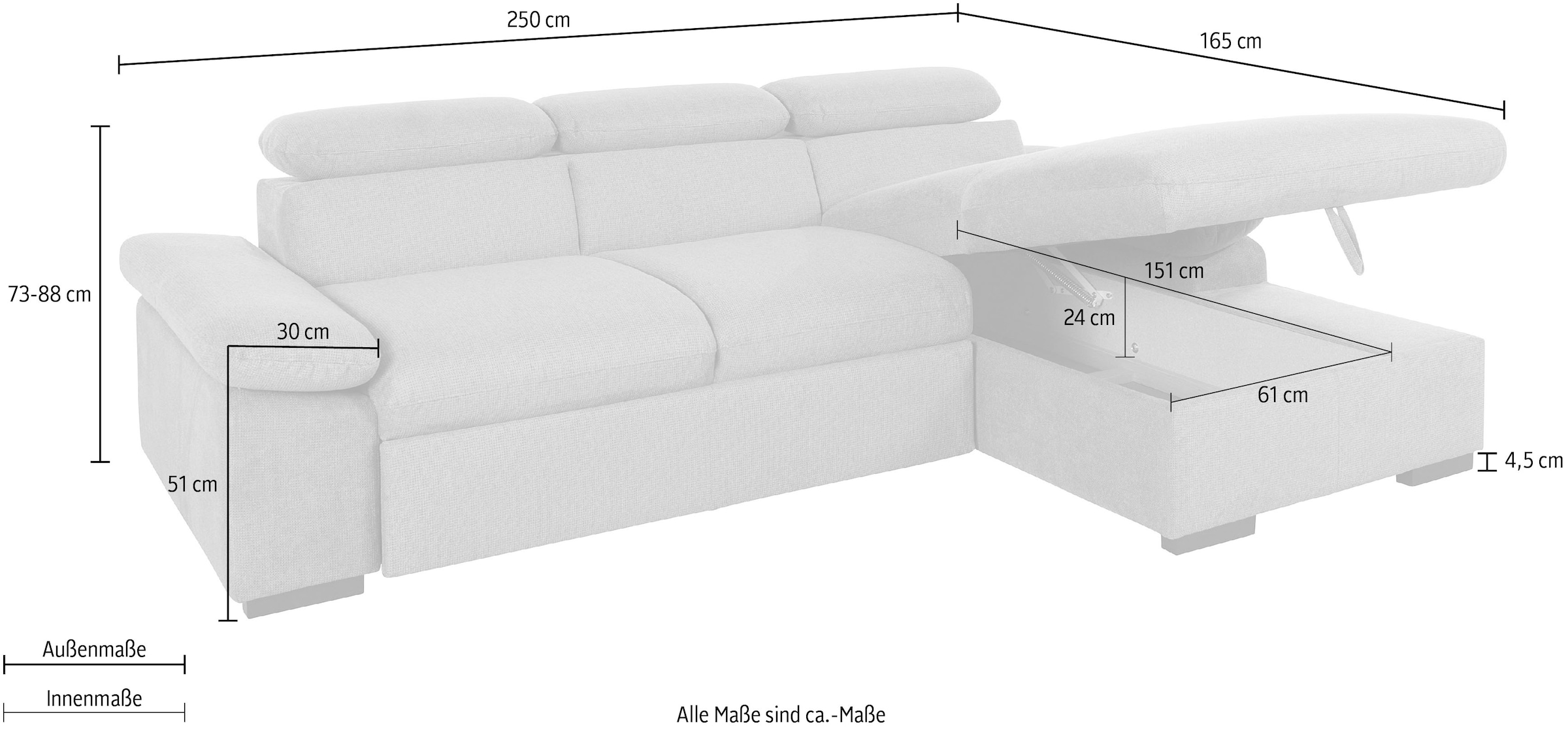 COTTA Ecksofa »Lola L-Form mit Kopfteilfunktion & Hocker«, (Set, mit Hocker), wahlweise mit Bettfunktion, Bettkasten & Armteilverstellung
