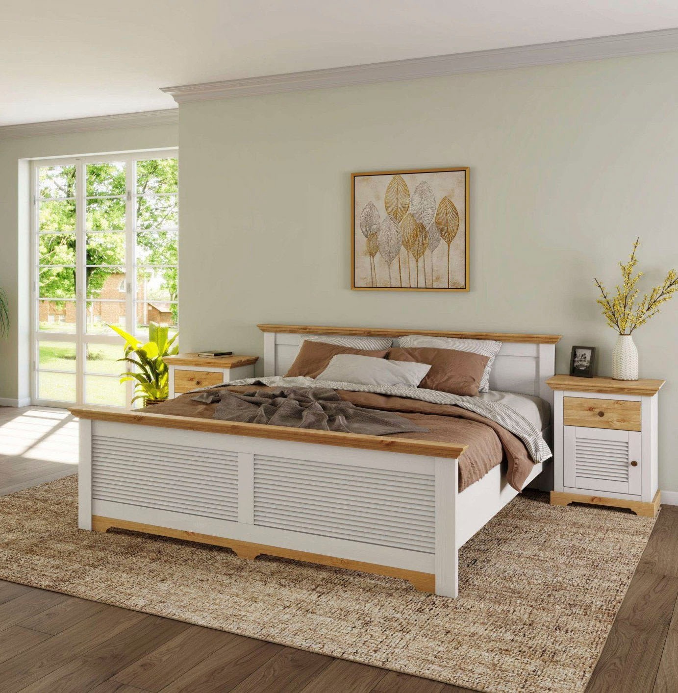 GOODproduct Bett »Rauna, Landhausstil, edles Design mit Lamellen und Kassetten, 2 Farben« Breite/Belastbarkeit 180cm=220 KG, 90cm=120KG, FSC® zertifiziertes Kieferholz, massive Qualität mit Lattenrost
