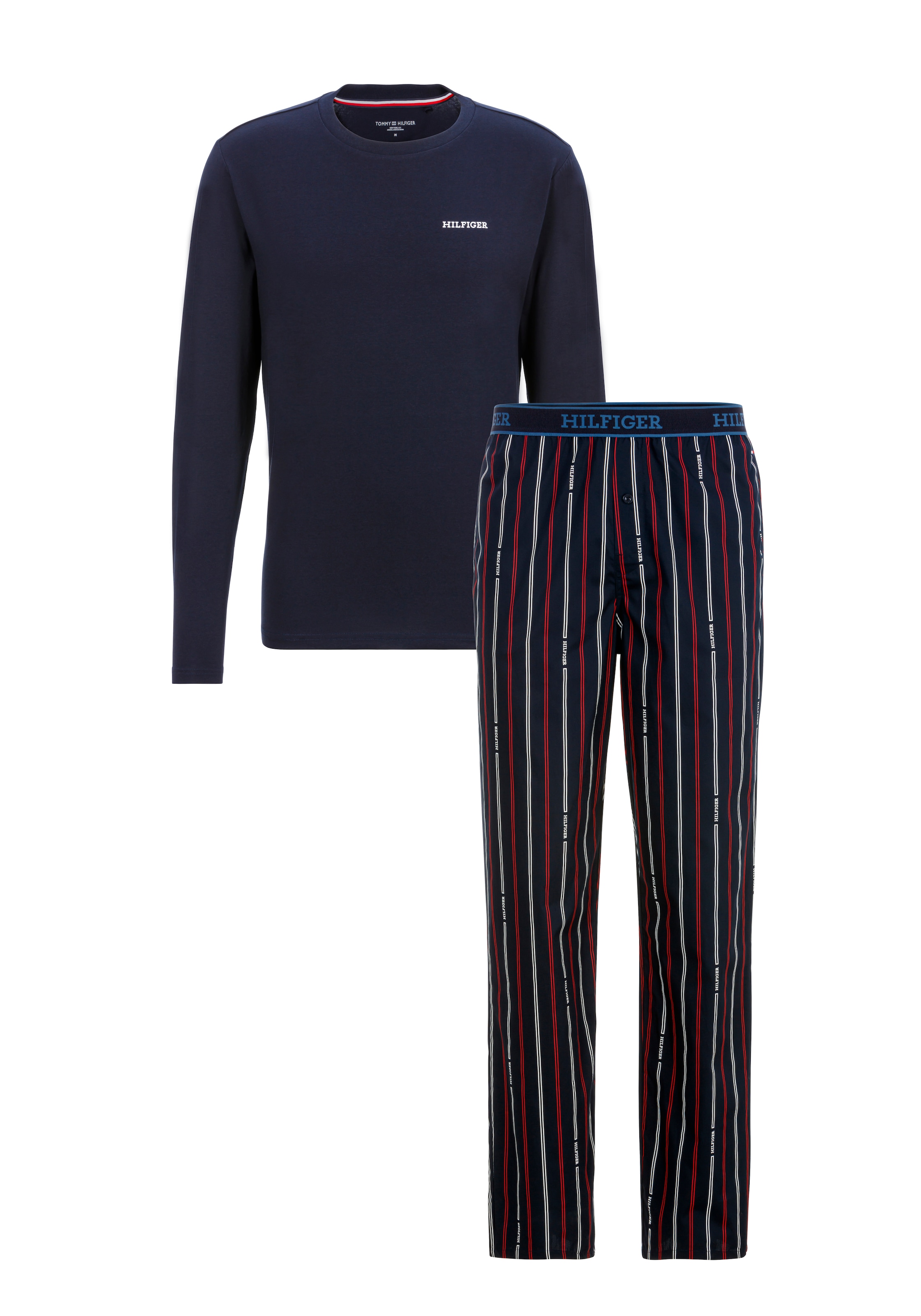 Tommy Hilfiger Underwear Schlafanzug »LS WOVEN PJ SET PRINT«, geknöpfter Hosenschlitz, Logomuster, Hose gestreift