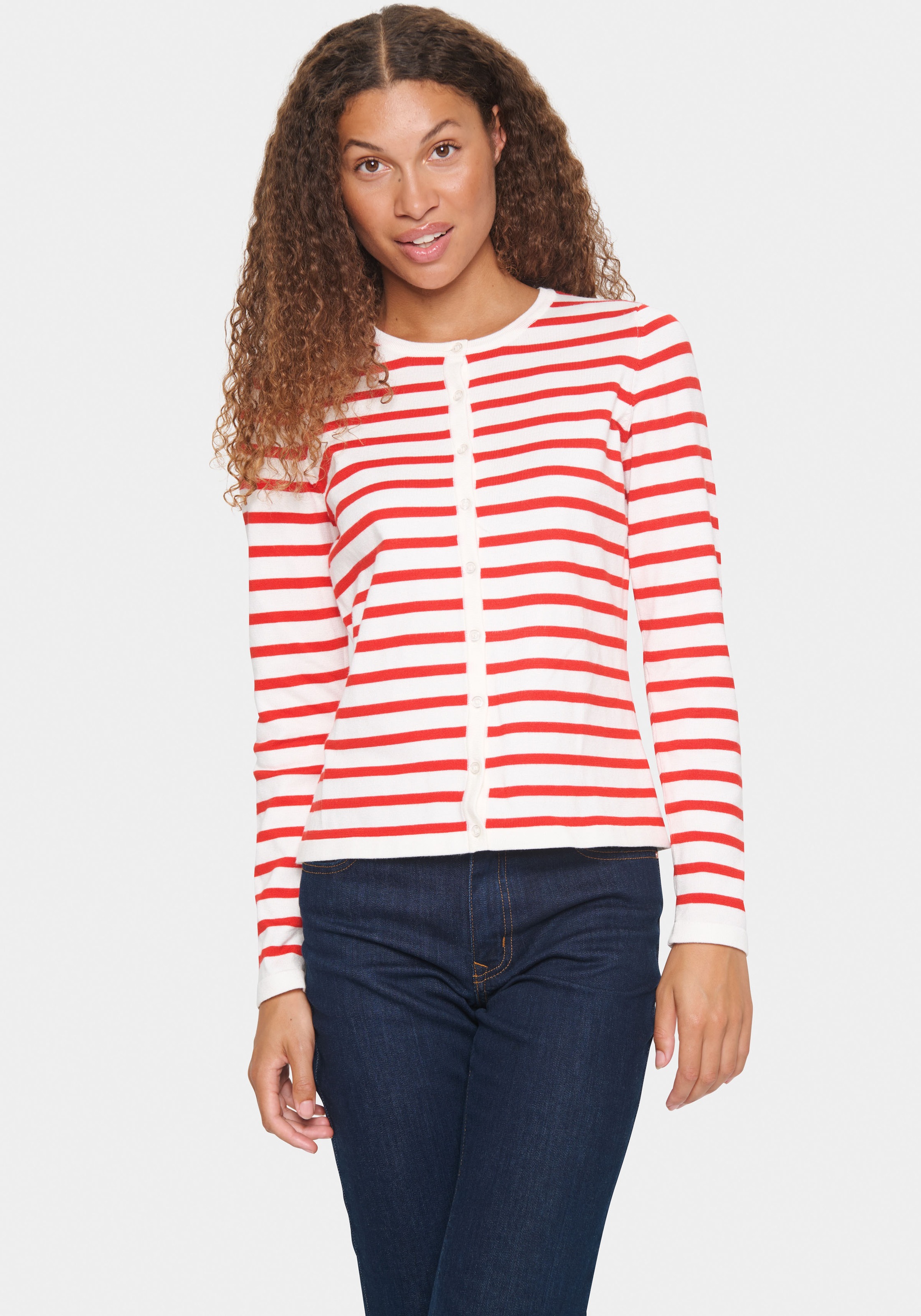 Saint Tropez, Unisex, »MilaSZ Striped Cardigan«, ice and f. scarlet stripe, L (40), Cardigan von Saint Tropez mit Streifenmuster