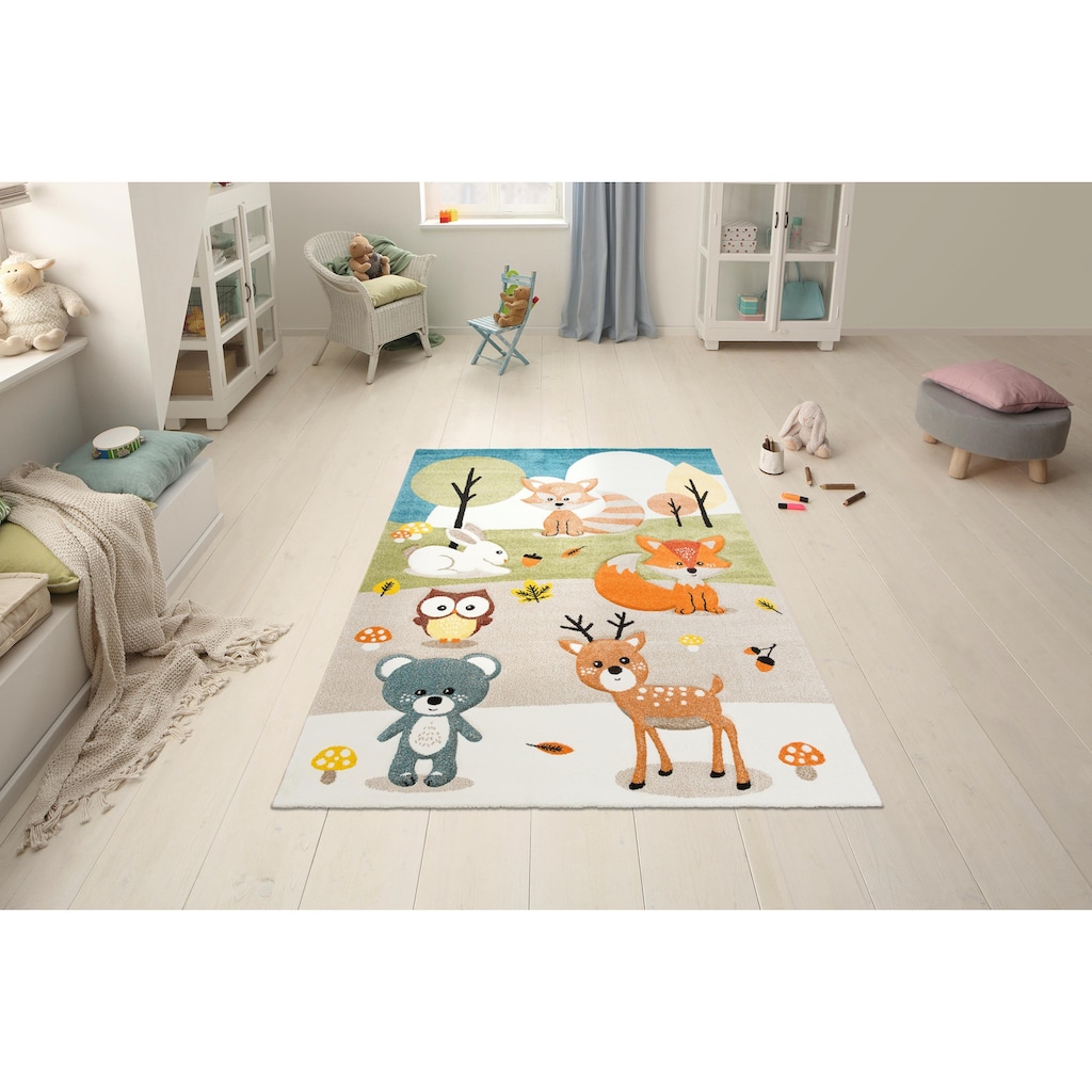 Lüttenhütt Kinderteppich »Wald«, rechteckig, 13 mm Höhe, Motiv Tiere, Pastell-Farben, 3D-Design, Waldtiere, Kinderzimmer
