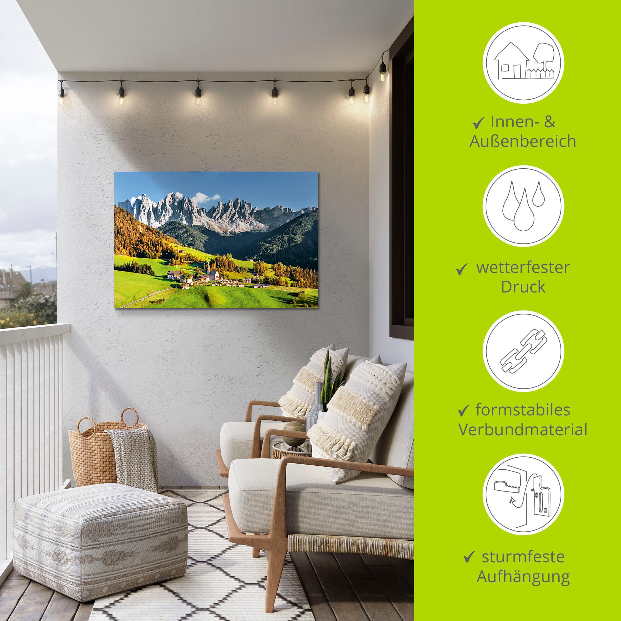 Artland Wandbild »Alpen Berge Santa Maddalena«, Berge & Alpenbilder, (1 St.), als Alubild, Outdoorbild, Leinwandbild, Poster in verschied. Grössen