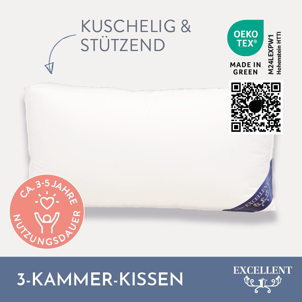 Excellent 3-Kammer-Kopfkissen "Florenz, Daunenstützkissen mit 10 cm Außensteg" Füllung: 100% Daunen (Außenkammern), 100% Federn (Kern) 1 Stk. tlg. Kissen hergestellt in Deutschland, allergikerfreundlich