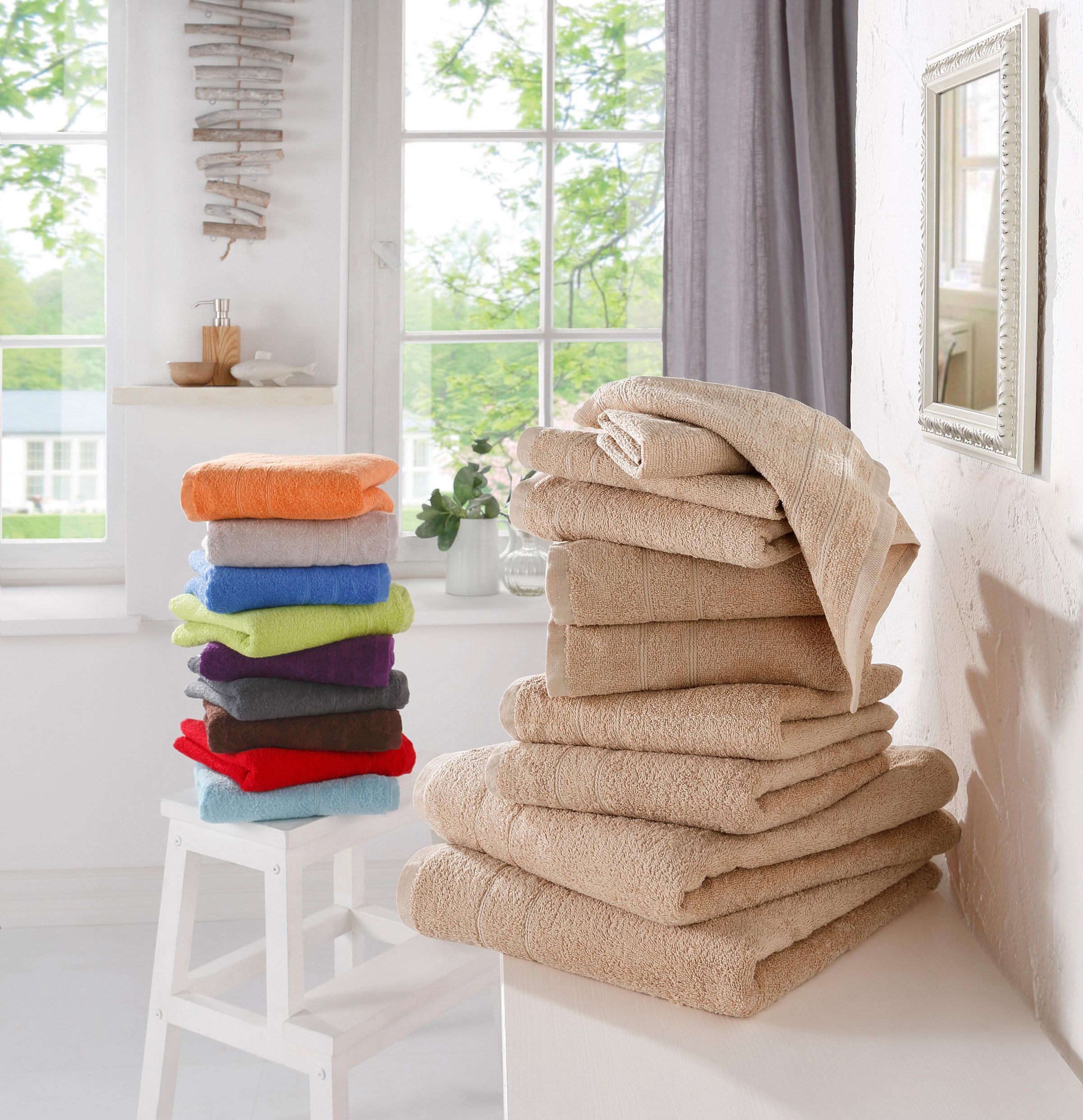 my home Handtuch Set »Inga, Duschtücher, Handtücher, Gästetücher, Seiftücher«, 10 tlg., Walkfrottee, Handtücher mit feiner Bordüre, 100% Baumwolle, einfarbig, weich