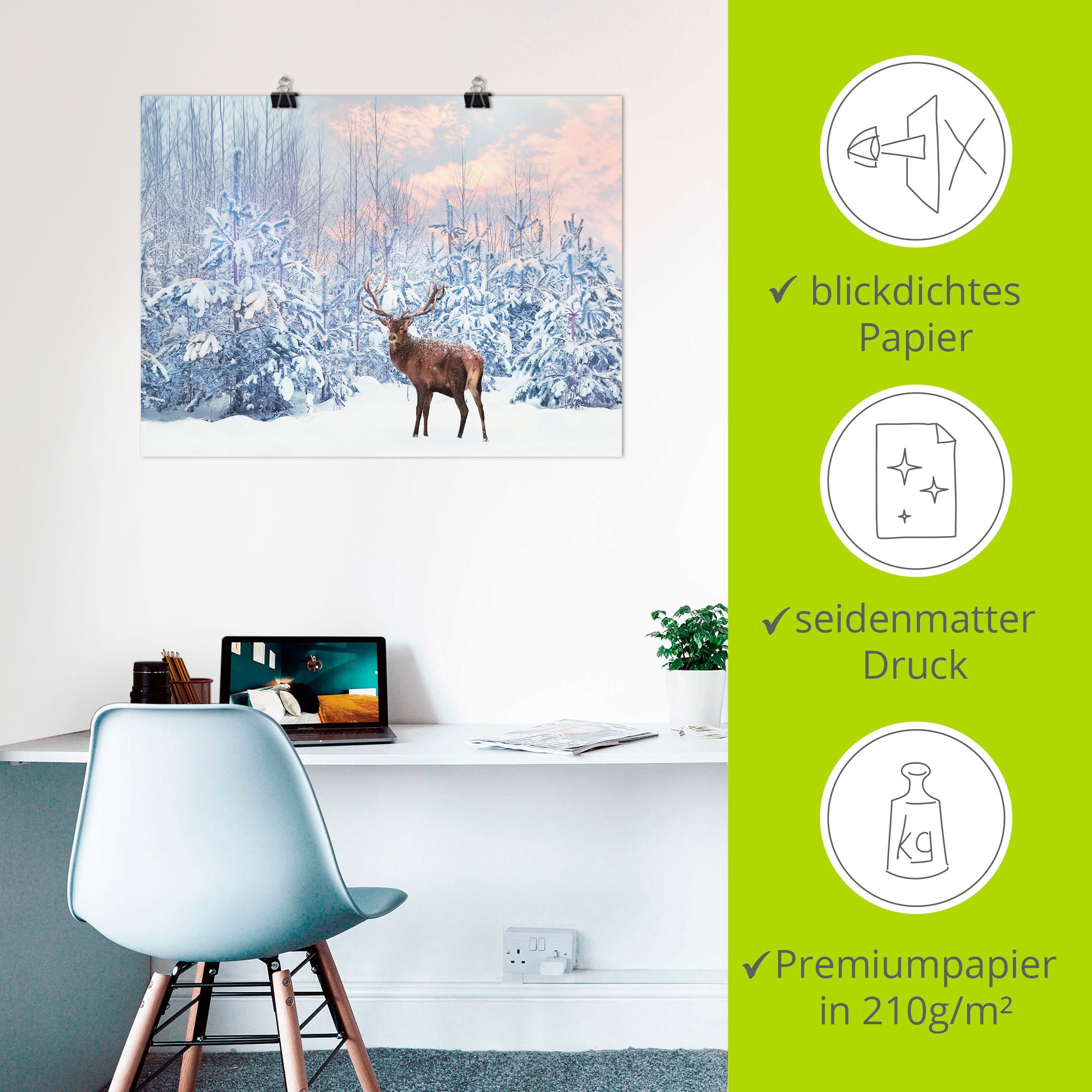 Artland Wandbild »Hirsch im Winterwald«, Hirschbilder, (1 St.), als Leinwandbild, Poster in verschied. Grössen
