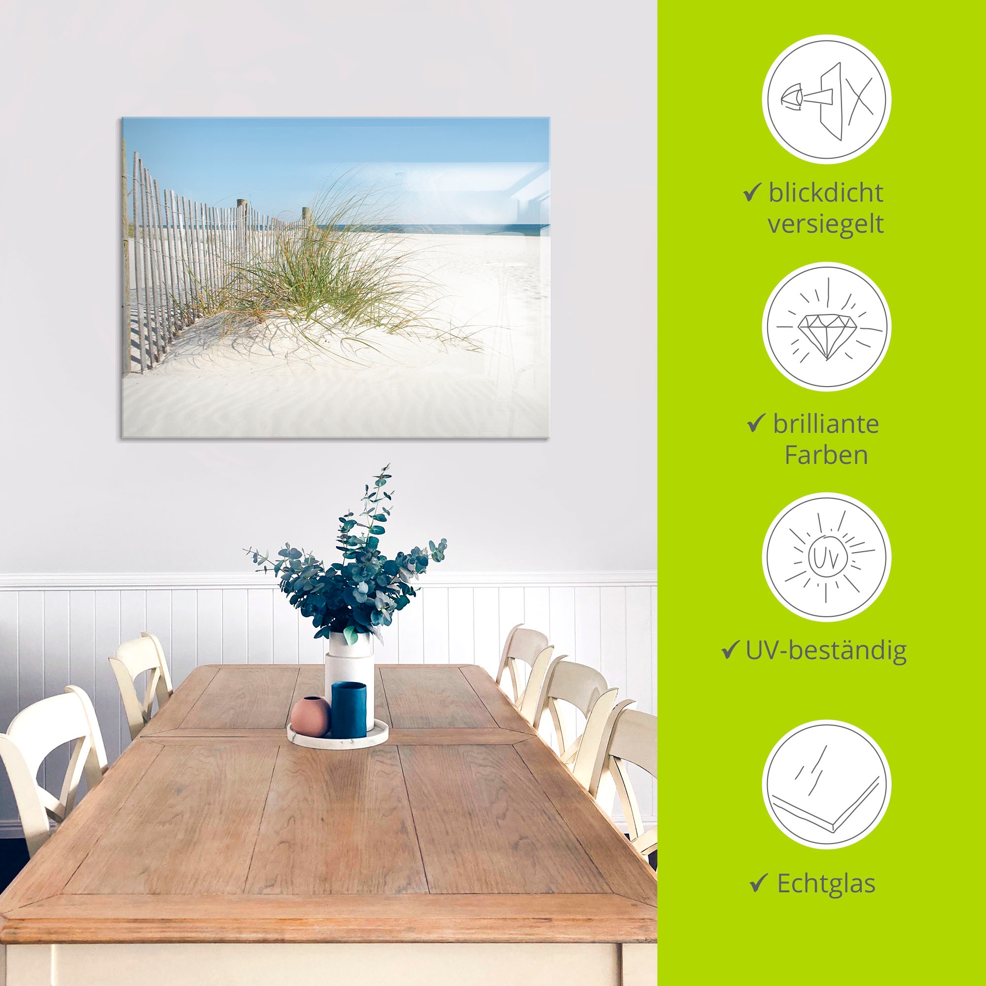 Artland Glasbild »Schöne Sanddüne mit Gräsern und Zaun«, Strand, (1 St.), in verschiedenen Grössen