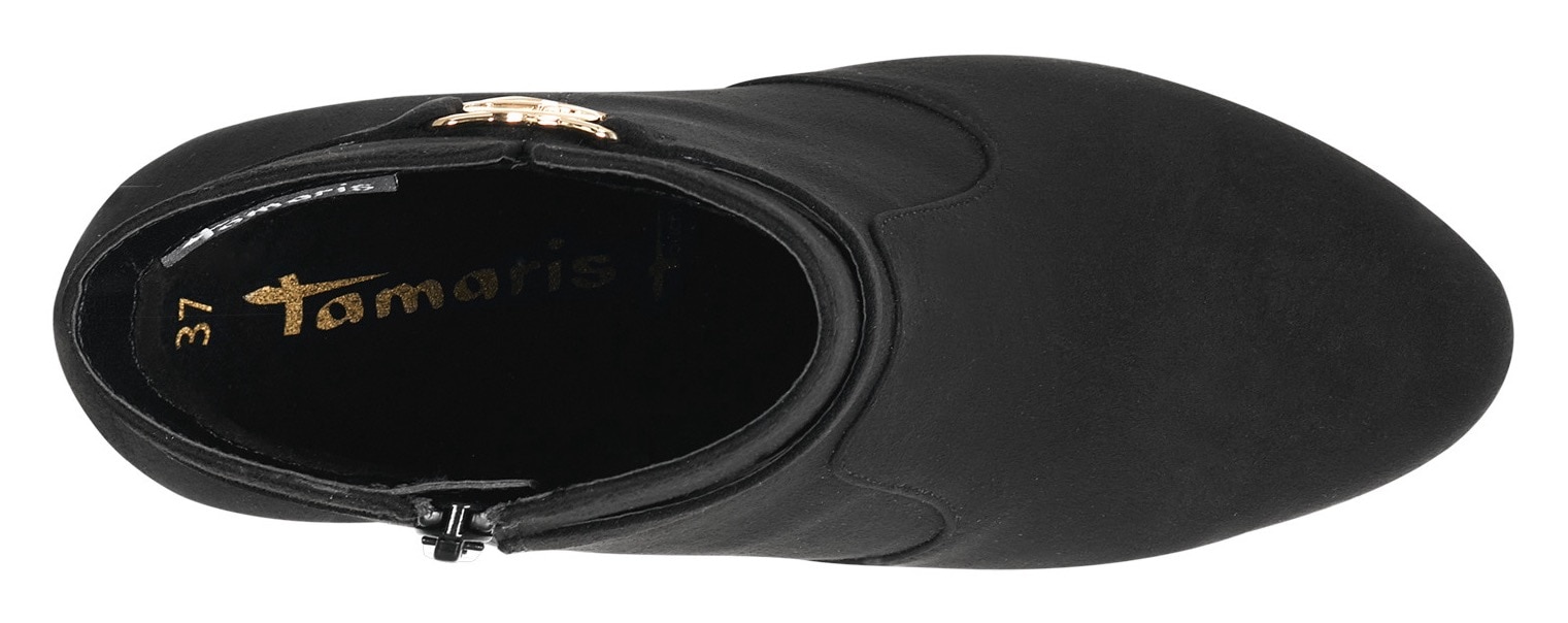 Tamaris Stiefelette, Trichterabsatz, Abendschuh mit elegantem Zierriemchen mit Logoemblem