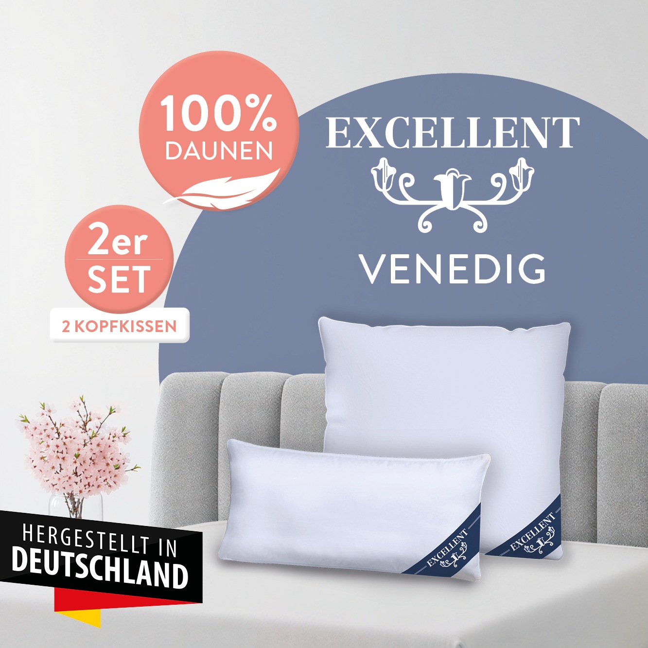 Excellent 3-Kammer-Kopfkissen "Venedig, Kissenparade1 tlg. oder 2 tlg. 40x40-80x80 cm" Füllung: weisseneueDaunenKlasseI100DaunenAussenweisseneueFedernKlasseI100FedernInnen 2 Stk. tlg. hergestellt in Deutschland