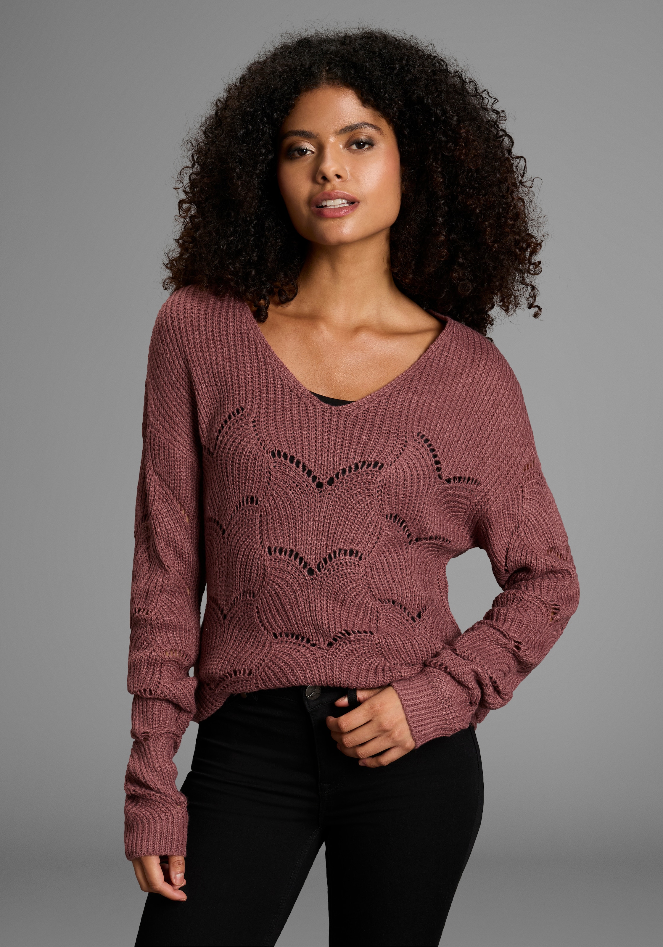 Laura Scott Strickpullover softer Übergangsstrick mit V-neck und trendy Ajourmuster