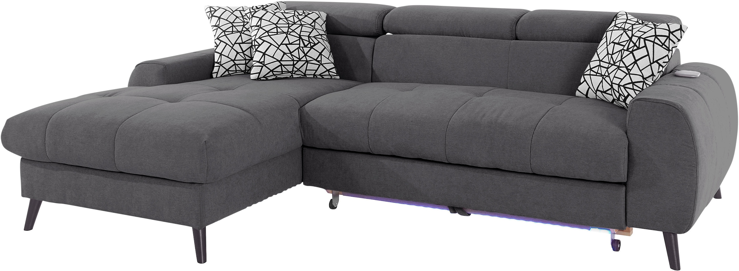 COTTA Ecksofa »Mia L-Form mit 3 Zierkissen«, wahlweise mit Bettfunktion, Bettkasten, Beleuchtung & Wireless-Charger