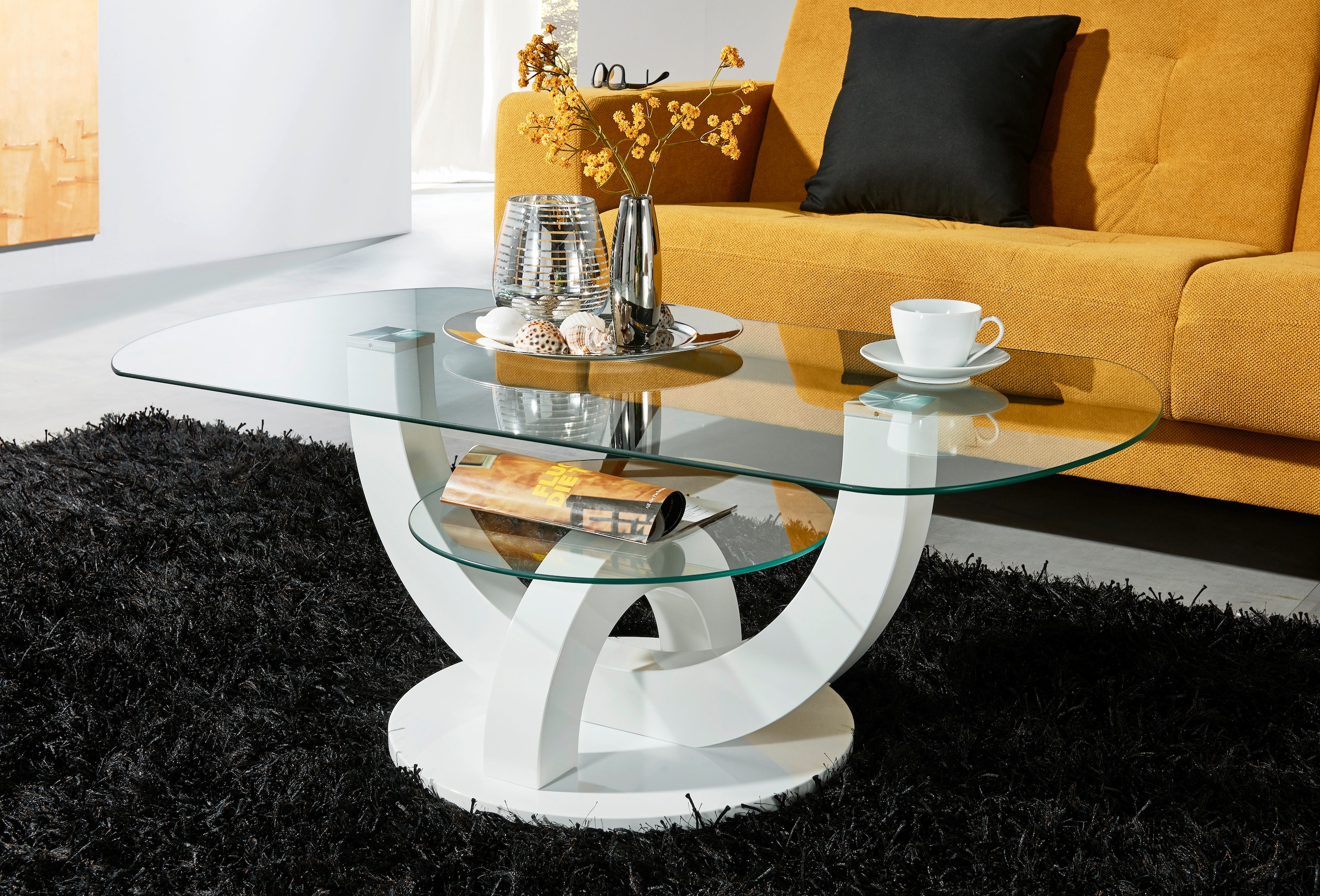 HBZ Couchtisch »Boston, TOPSELLER!«, (Wohnzimmertisch), Glastisch, Tisch mit U-Form Gestell in weiss hochglanz