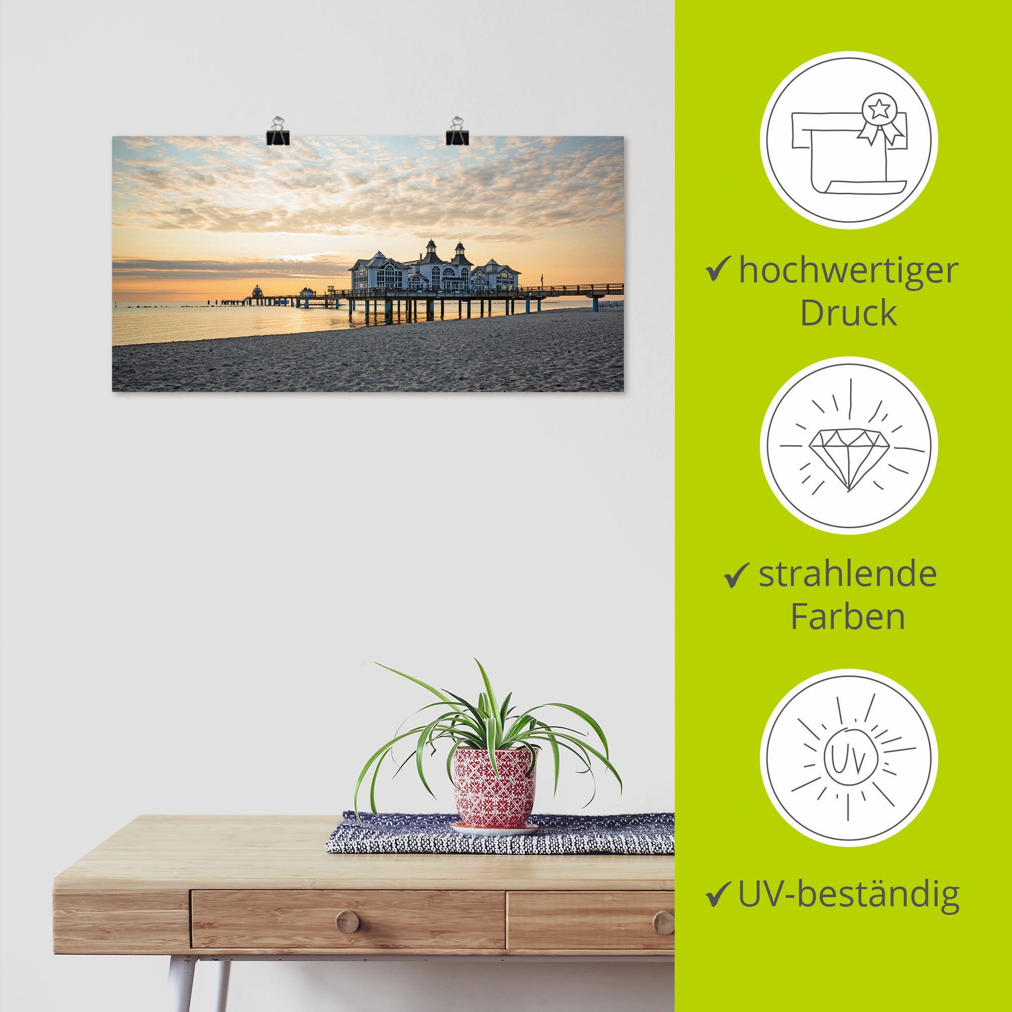 Artland Wandbild »Seebrücke Sellin bei Sonnenaufgang«, Strand, (1 St.), als Leinwandbild, Poster, Wandaufkleber in verschied. Grössen