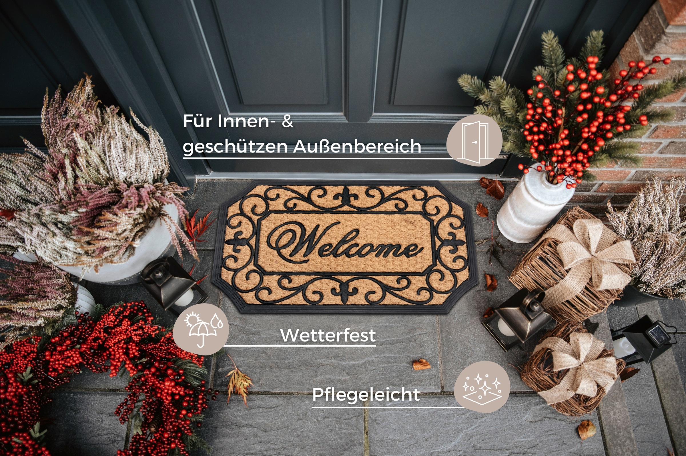 HANSE Home Fussmatte »Gummi-Kokos Braided Classic Welcome Ornament, Türmatte«, rechteckig, 8 mm Höhe, Kokos, Gummi, Schmutzfangmatte, Outdoor, Rutschfest, Innen, Kokosmatte