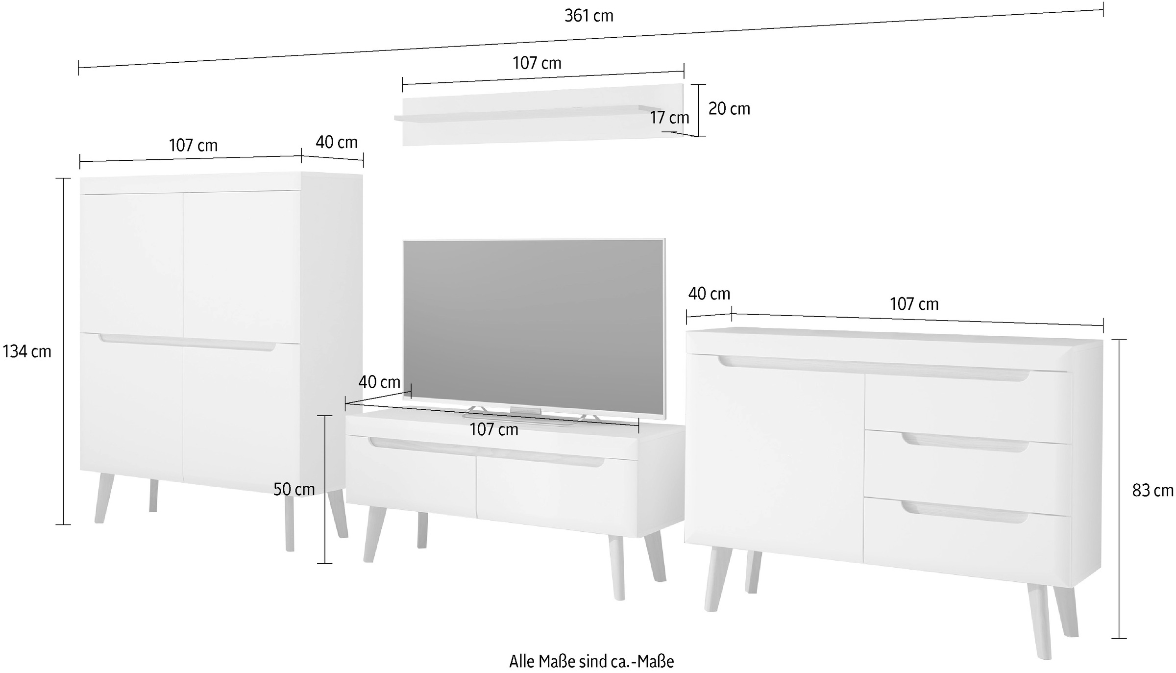 INOSIGN Wohnwand »Torge, Anbauwand, Schrankwand, Mediawand, Wohnzimmer-Set«, (4 St.), enthält Lowboard, Sideboard, Highboard + Wandboard, 361 cm breit