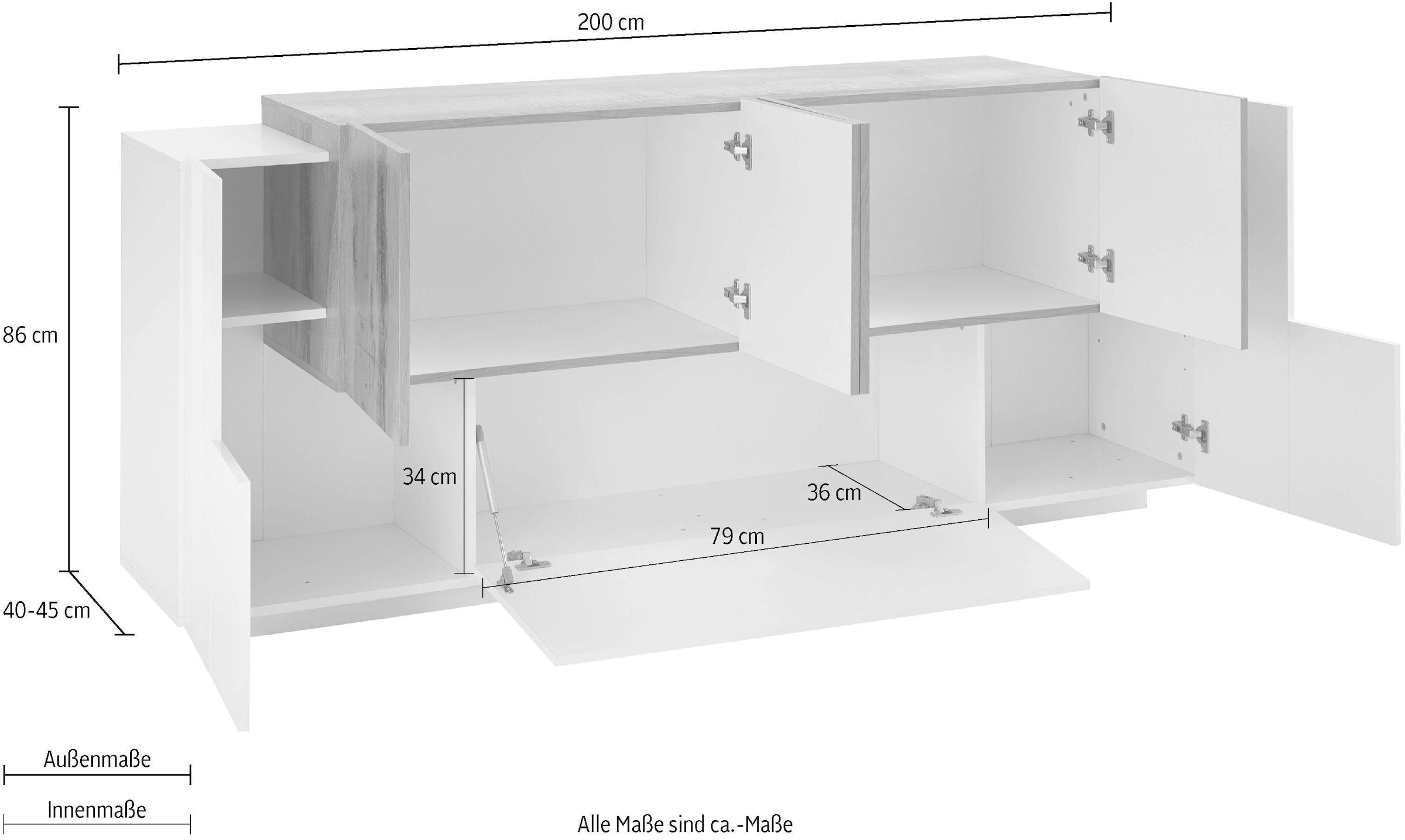 INOSIGN Sideboard »Coro, Kommode, Schrank, Kredenz, grifflos mit Einlegeböden«, 1 Klappe, 6 Türen, Doppeltiefe, B/T/H 200x86x45cm