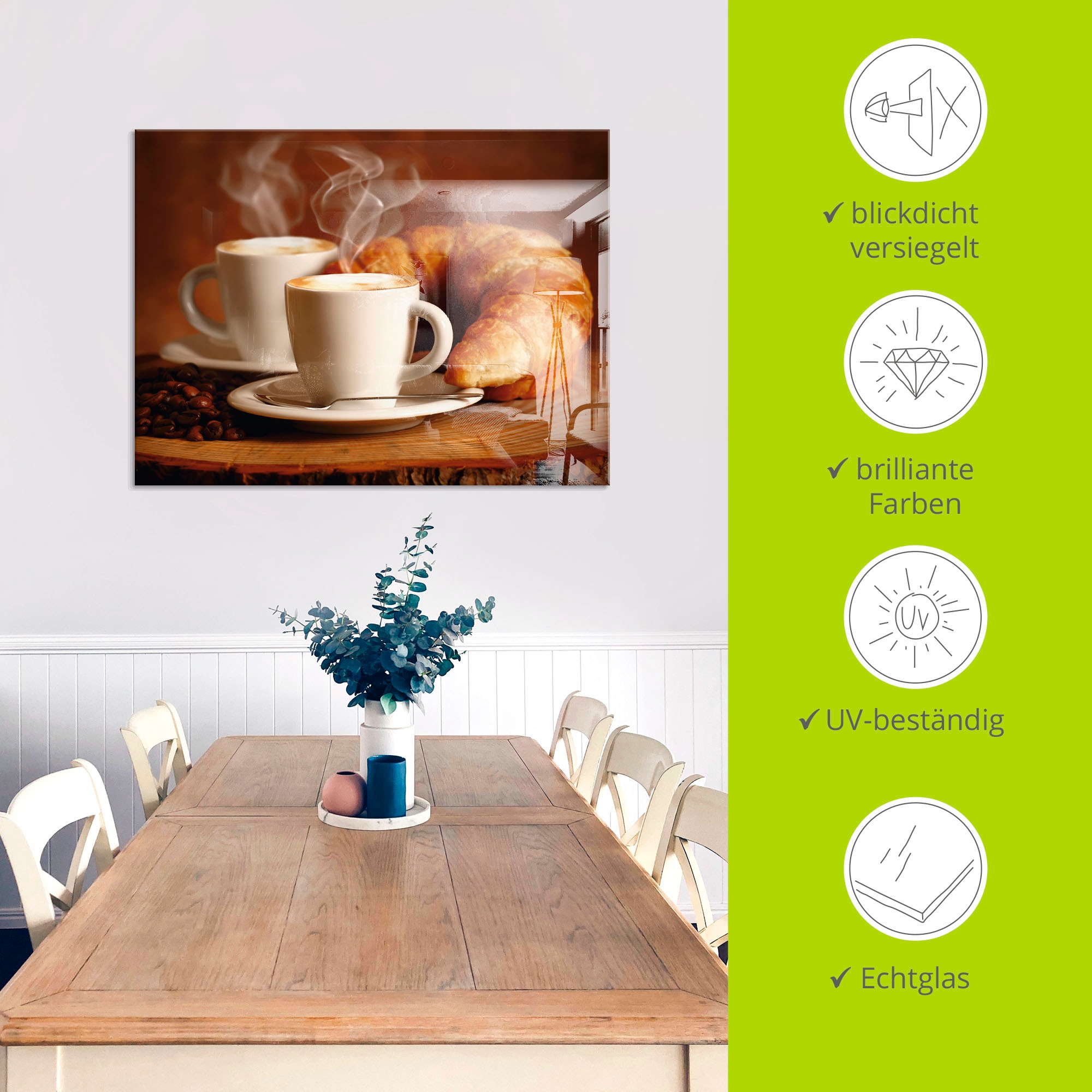 Artland Glasbild »Dampfender Cappuccino und Croissant«, Getränke, (1 St.), in verschiedenen Grössen