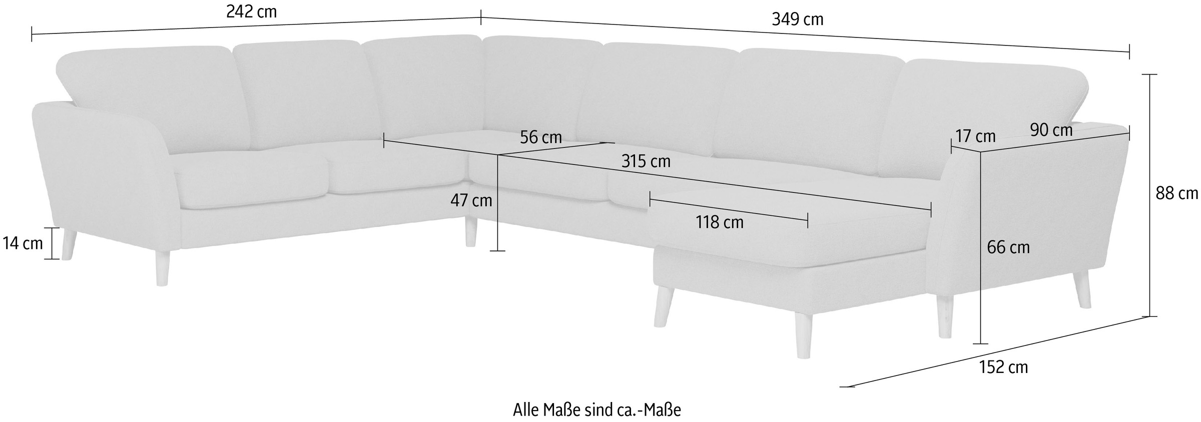 Home affaire Wohnlandschaft »MARSEILLE XXL 349cm, U-Form, Ottomane rechts/links wählbar«, Massivholzbeine Eiche, Landhausstil, Wellenunterfederung