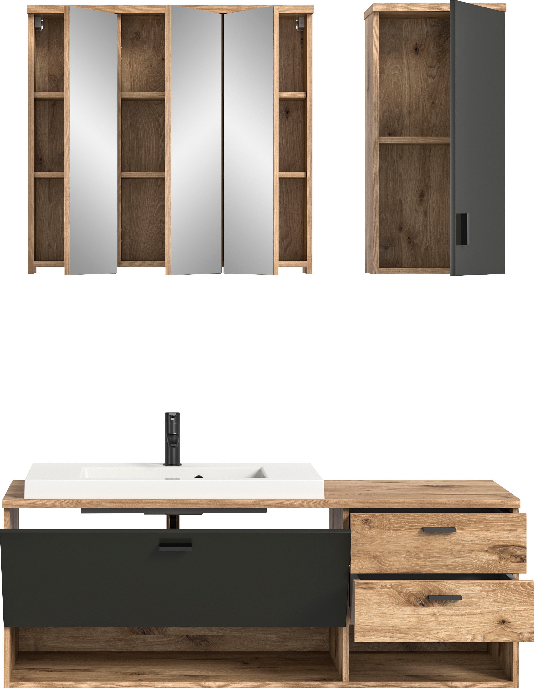welltime Badmöbel-Set »Dolo, 3 teilig, inklusive Mineralguss-Waschbecken, bestehend aus:«, (Set, 3 St.), Waschtisch inkl. Waschbecken, Hängeschrank, Spiegelschrank
