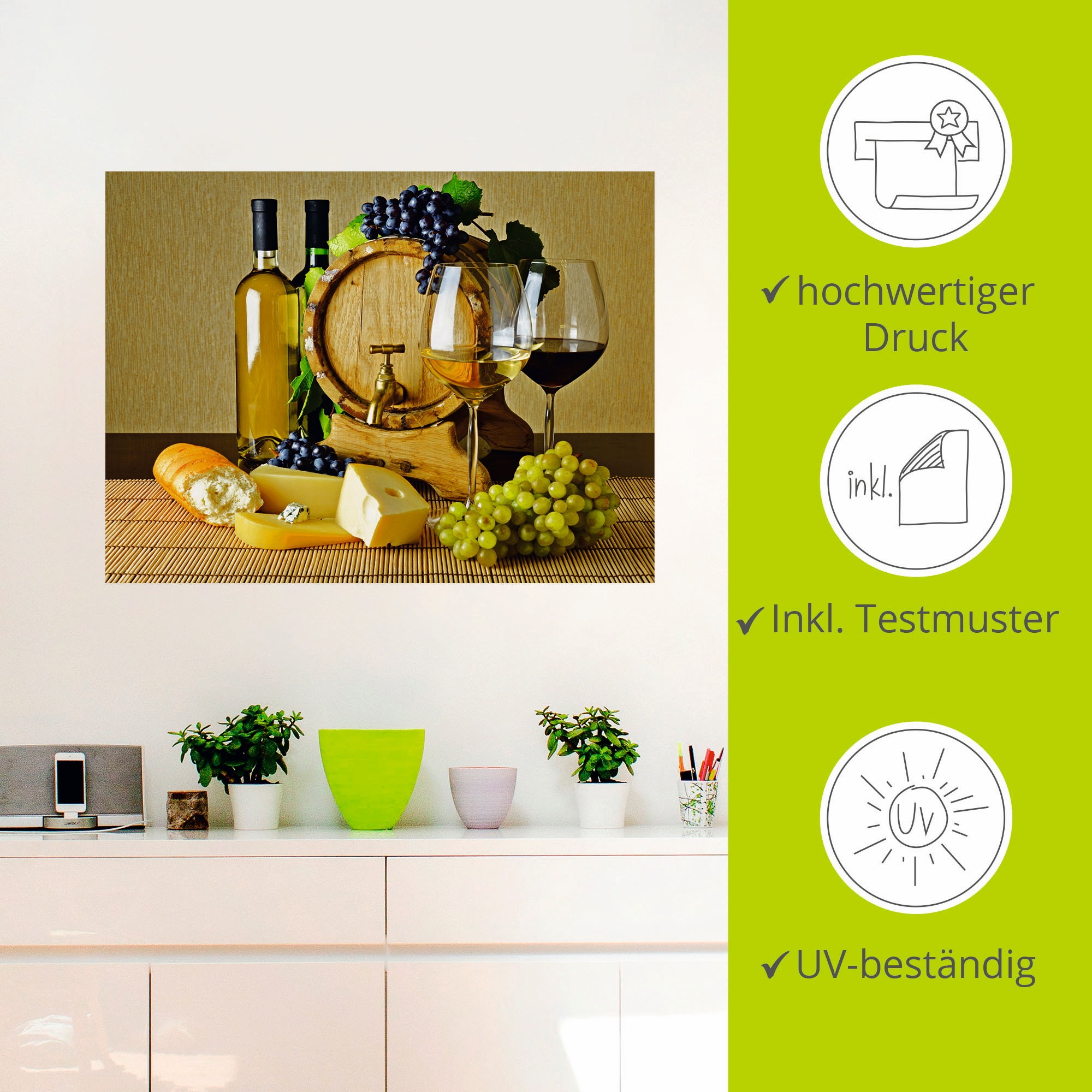 Artland Wandbild »Käse, Wein und Trauben«, Lebensmittel, (1 St.), als Alubild, Leinwandbild, Wandaufkleber oder Poster in versch. Grössen