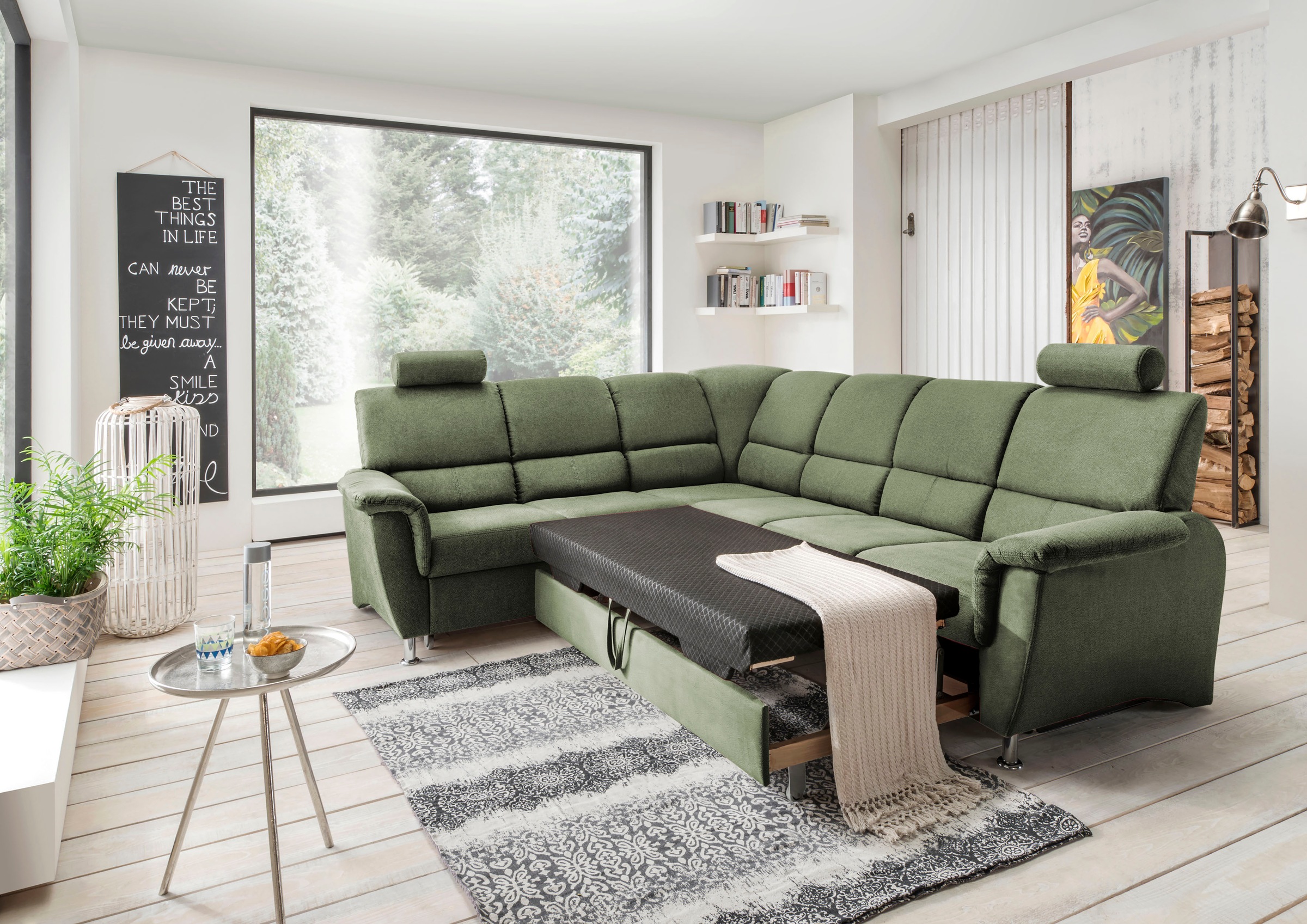 Home affaire Ecksofa »Pisa L-Form, mit Schlaffunktion, Stauraum, 2x höhenverstellbare«, Kopfstützen und Relaxfunktion im Eckelement