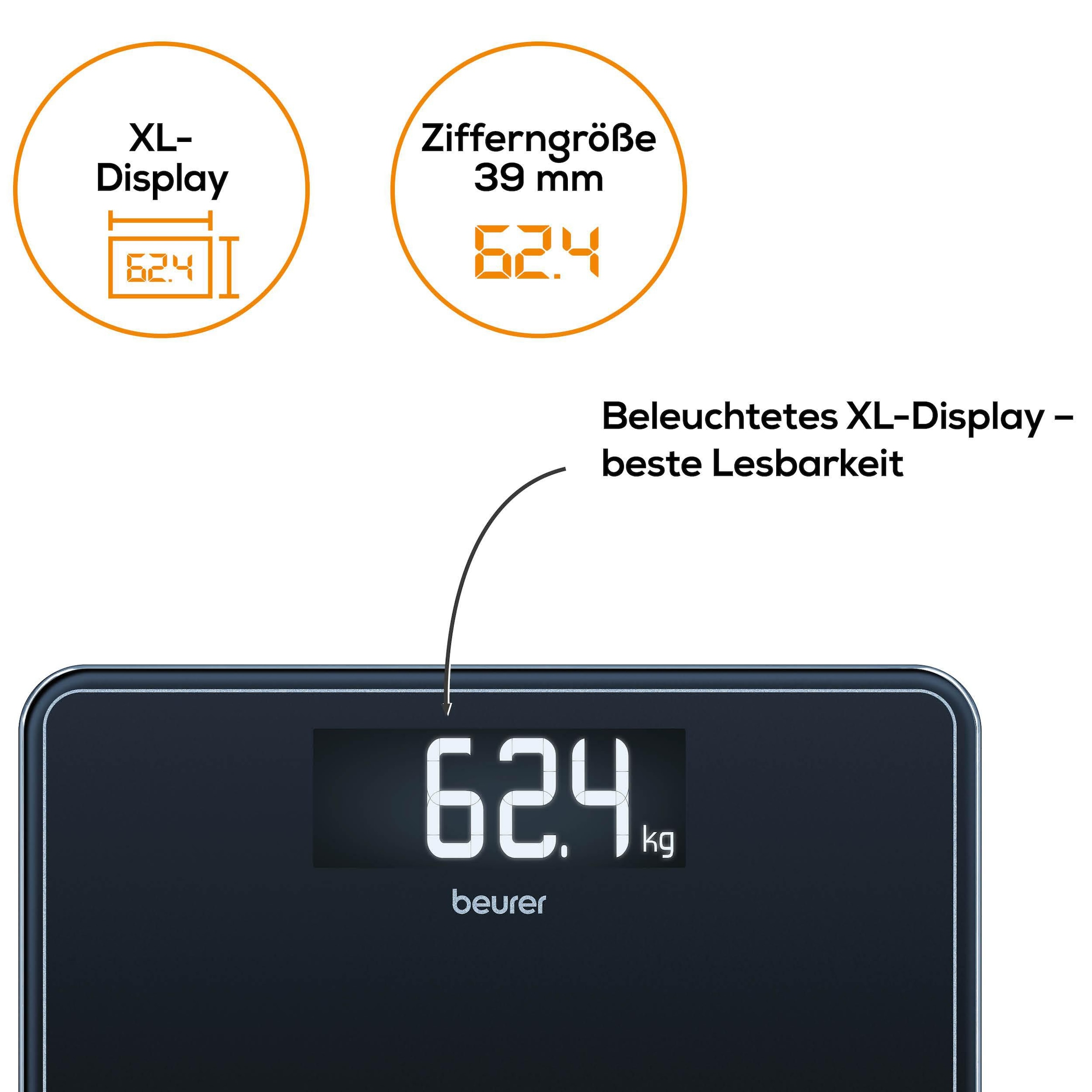 BEURER Personenwaage »GS 400, grosse Trittfläche mit 8 mm weissem Sicherheitsglas«, XL-Display, Tragkraft bis 200 kg und praktische Einschaltautomatik