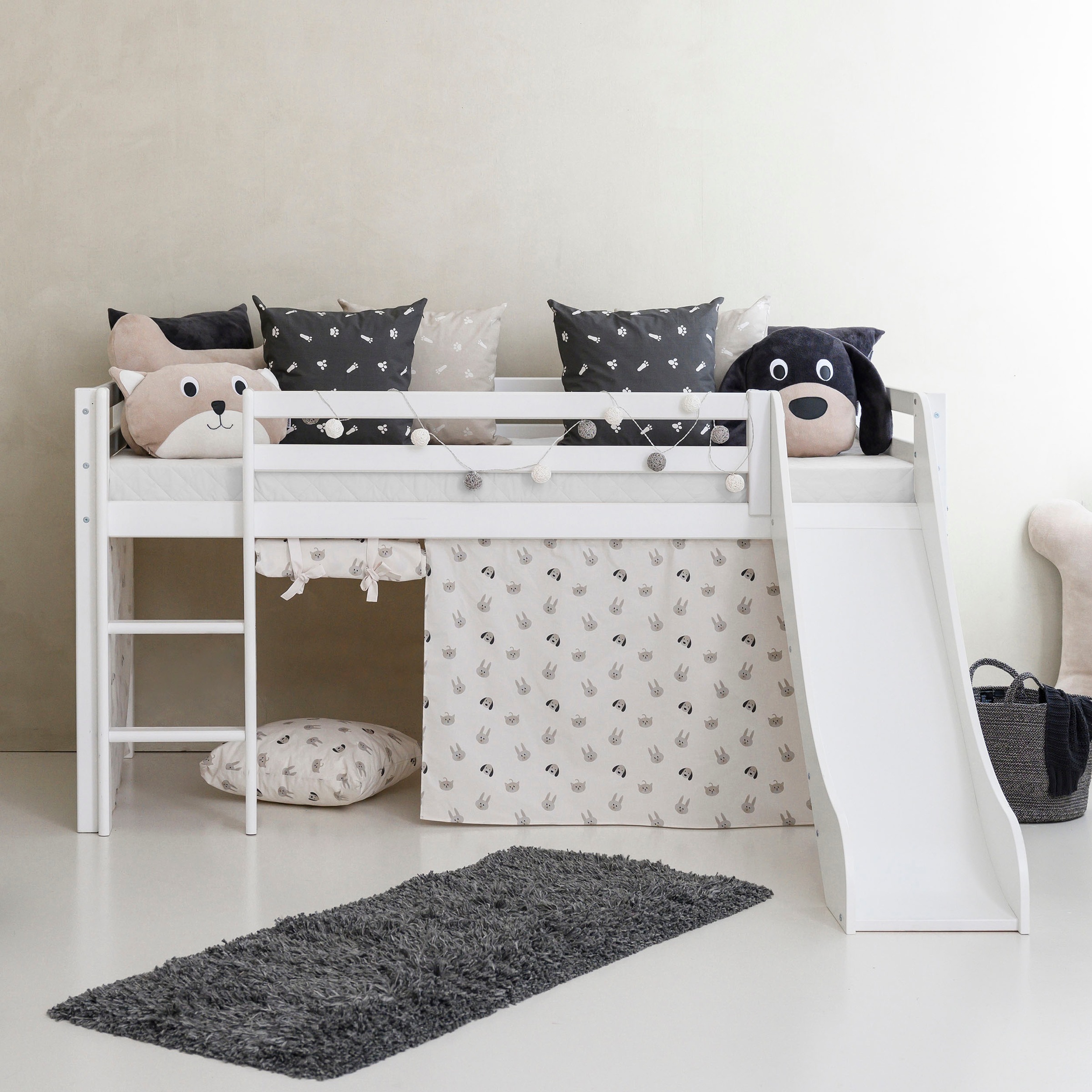Hoppekids Hochbett »«Pets Natur»« Rutsche & Vorhang Grau und viel Auswahl