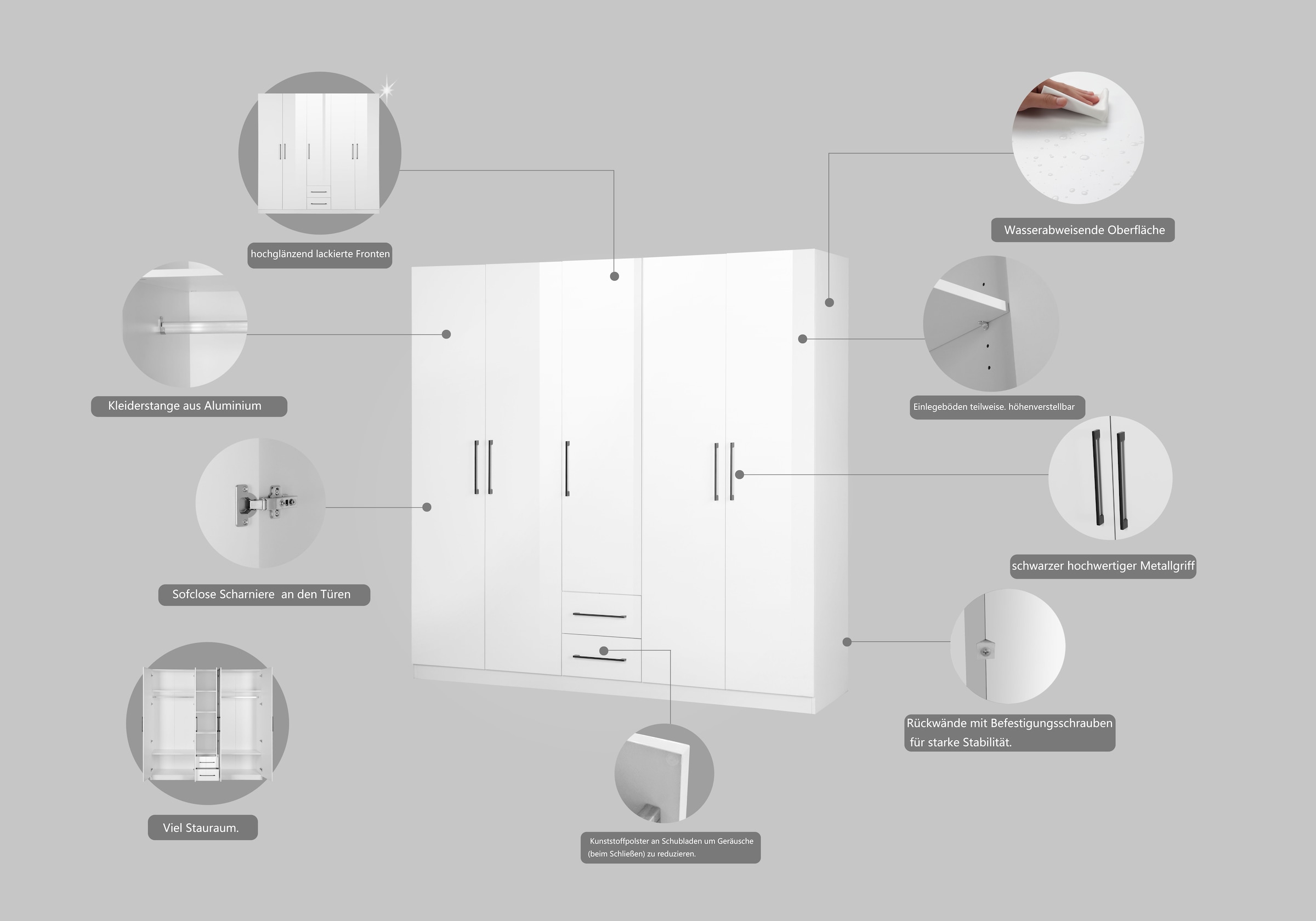 INOSIGN Kleiderschrank »Sylt Schlafzimmerschrank Garderobe Schrank TOPSELLER in hochglanz weiss«, (5 Türen, 2 Schubladen, schwarze moderne Griffe, 7 Einlegeböden), Drehtürenschrank mit perfekter Innenausstattung, Breite 200cm