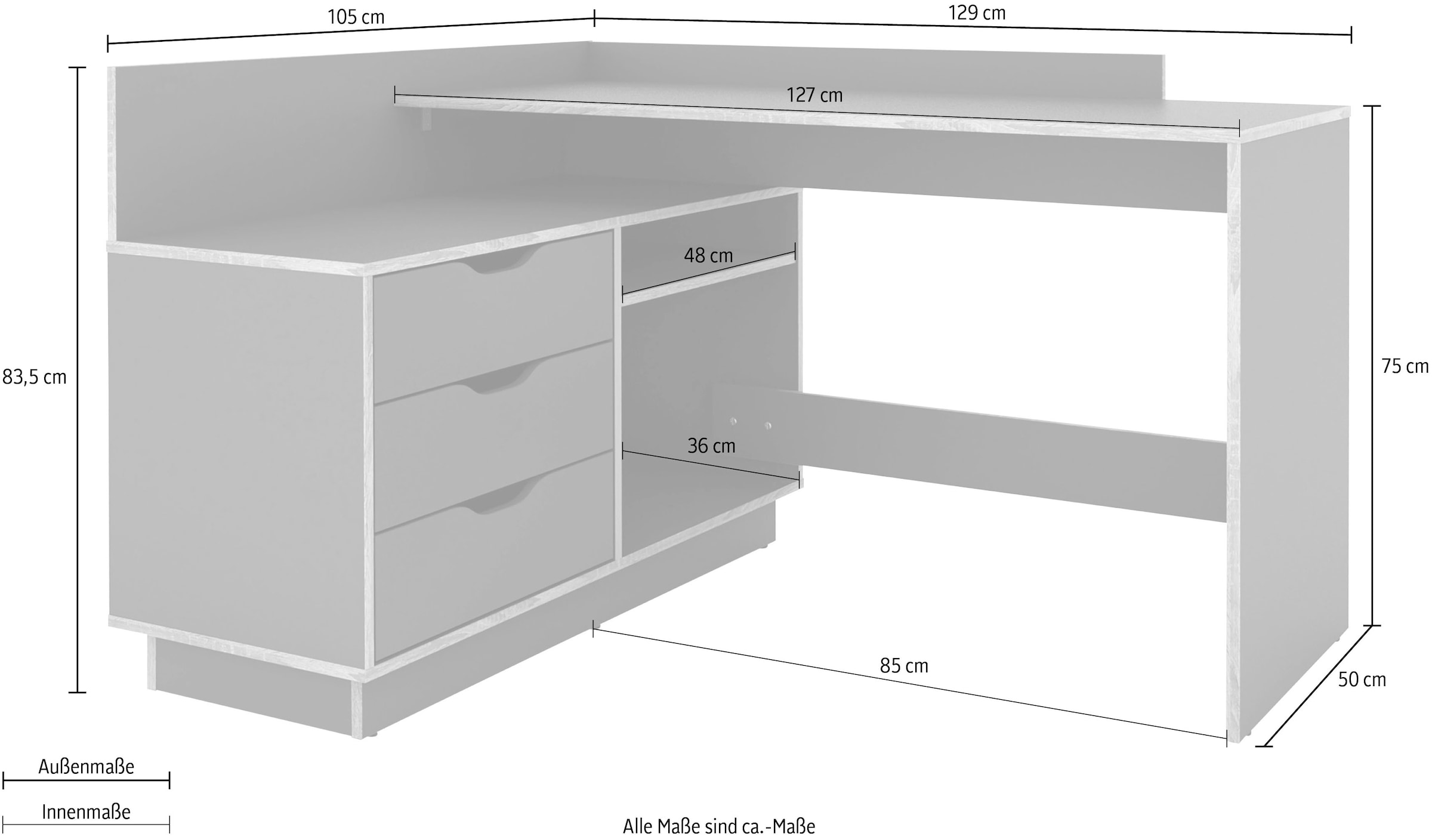 byLIVING Eckschreibtisch »Bern«, Breite 129 cm, rechts oder links montierbar