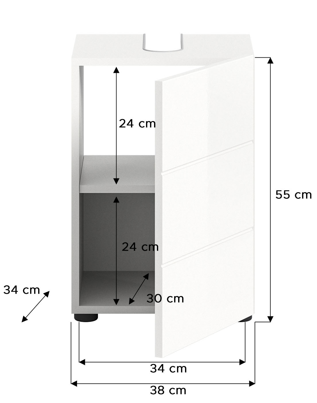 welltime Waschbeckenunterschrank »BIEL, TOPSELLER!, Breite 38 cm, 1 Tür, 1 Boden, mit Siphonausschnitt«, (1 St.), Badmöbel, Badschrank, Schrank, Unterschrank, Bad, Badezimmer