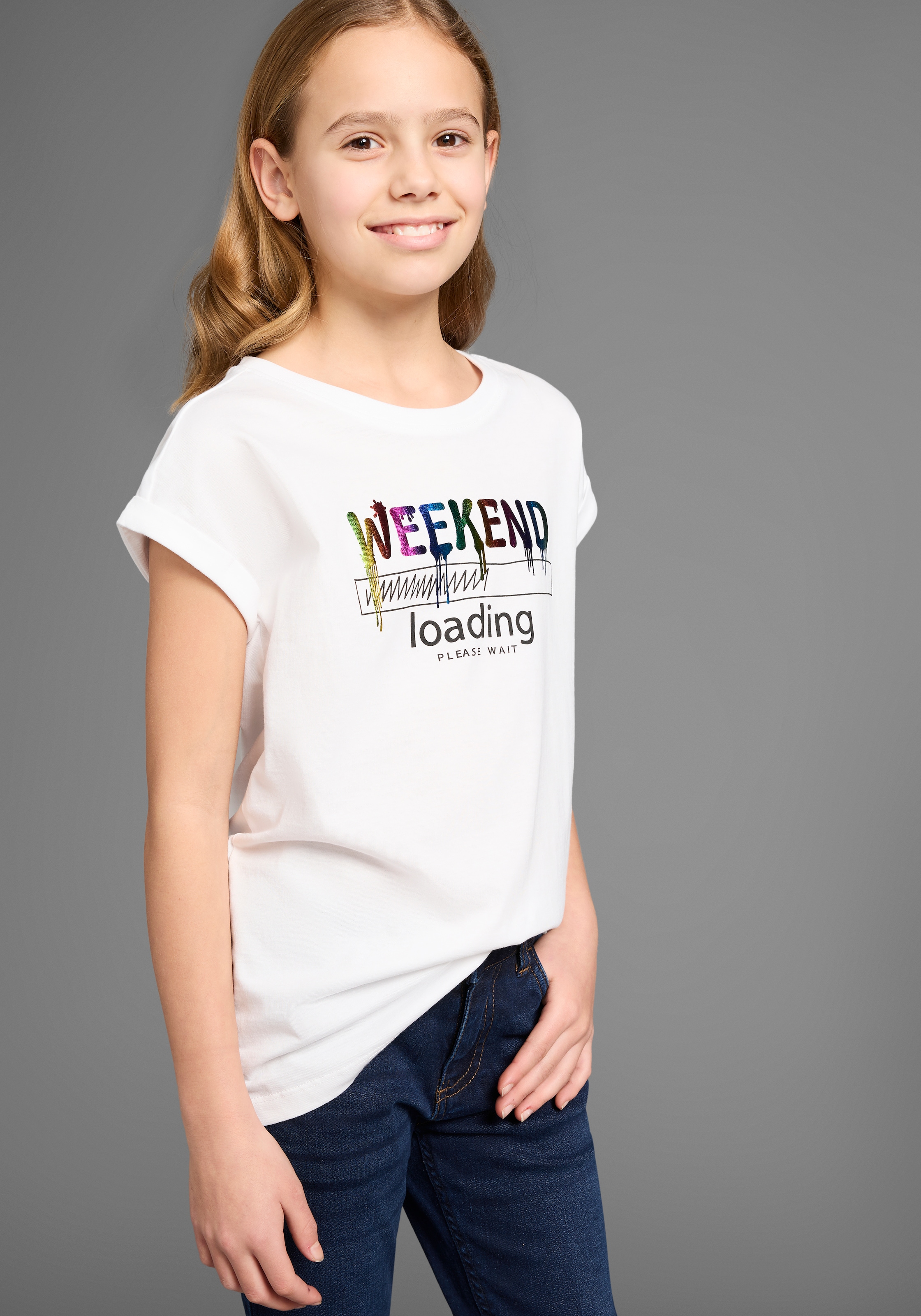 KIDSWORLD T-Shirt »WEEKEND loading...please wait«, Kurzarm, weite Passform, bedruckte Optik, Rundhalsausschnitt