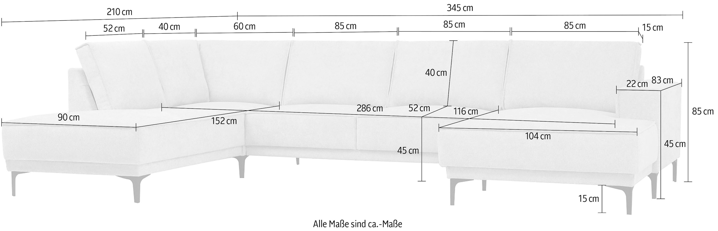 Places of Style Wohnlandschaft »XXL Sofa Oland, Struktur, Flachgewebe, Luxus-Microfaser, Boucle«, U-Form, 345 cm, Wellenunterfederung, Skandi-Design, Metallfüsse
