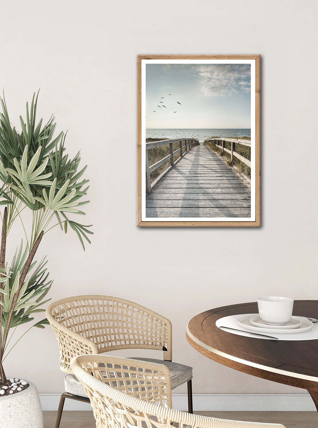 Bönninghoff Bild mit Rahmen "Wandbild gerahmt STEG ZUM MEER 50x70 cm – Maritime Küsten Deko" Meer  Natur  Steg  Strand  Vögel 1 Stk. tlg. mit dekorativem Rahmen