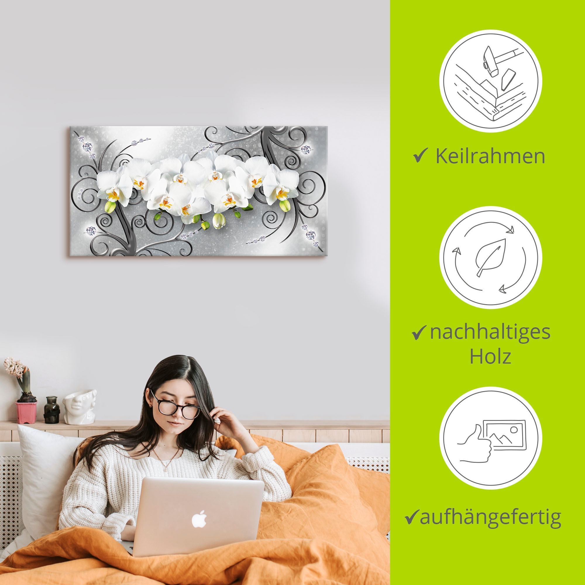 Artland Wandbild »weisse Orchideen auf Ornamenten«, Blumenbilder, (1 St.), als Alubild, Outdoorbild, Leinwandbild, Poster, Wandaufkleber
