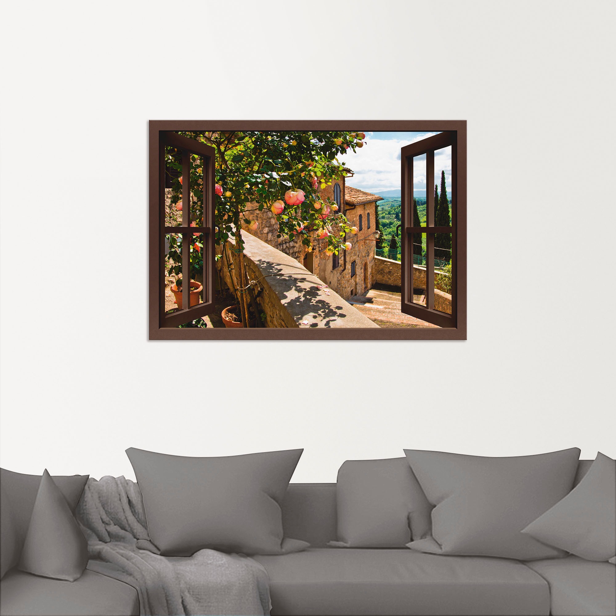Artland Wandbild »Fensterblick Rosen auf Balkon Toskana«, Garten, (1 St.), als Alubild, Outdoorbild, Leinwandbild, Poster, Wandaufkleber
