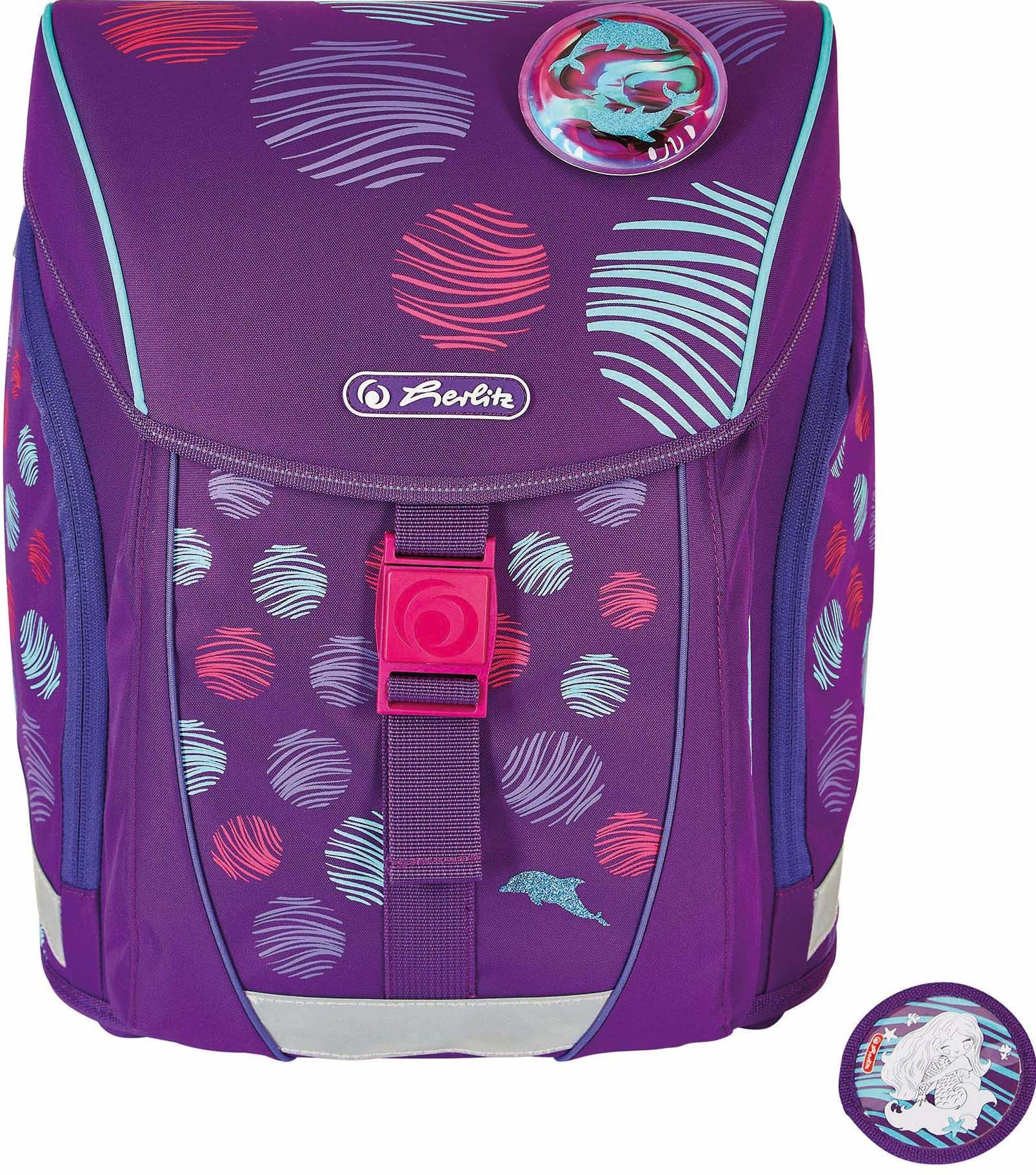 Herlitz Schulranzen »FiloLight Plus, Sea Bubbles«, Floureszierende Flächen-reflektierende Streifen auf den Schultergurten-Reflektoren, mit Sportbeutel, Etui, Faulenzer und Sportbeutel