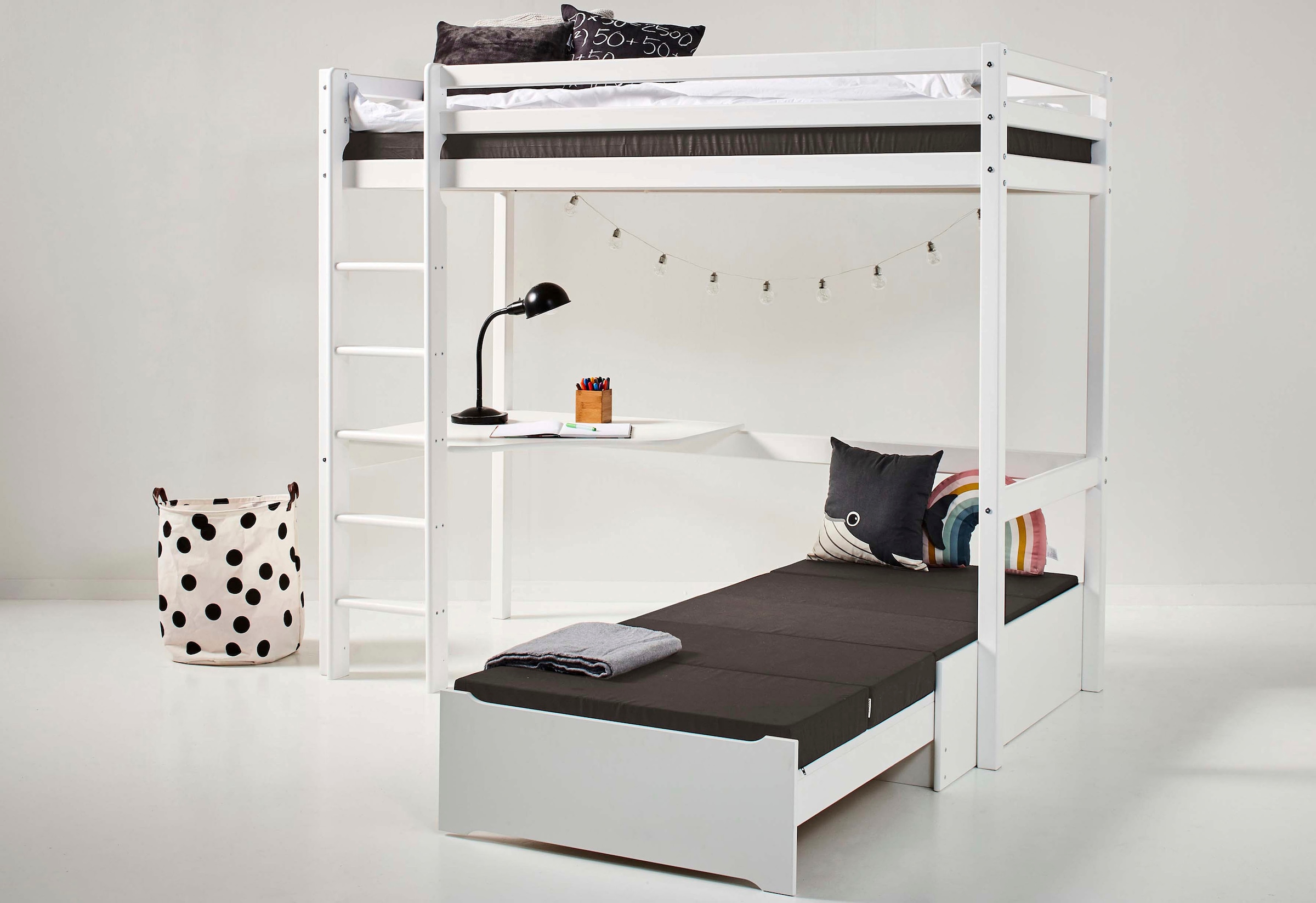 Hoppekids Hochbett »ECO Dream, Kinderbett mit Trittleiter, 90x200cm«, FSC® zert. Massivholz, Schreibtisch, Loungesofa inkl. passende Polster