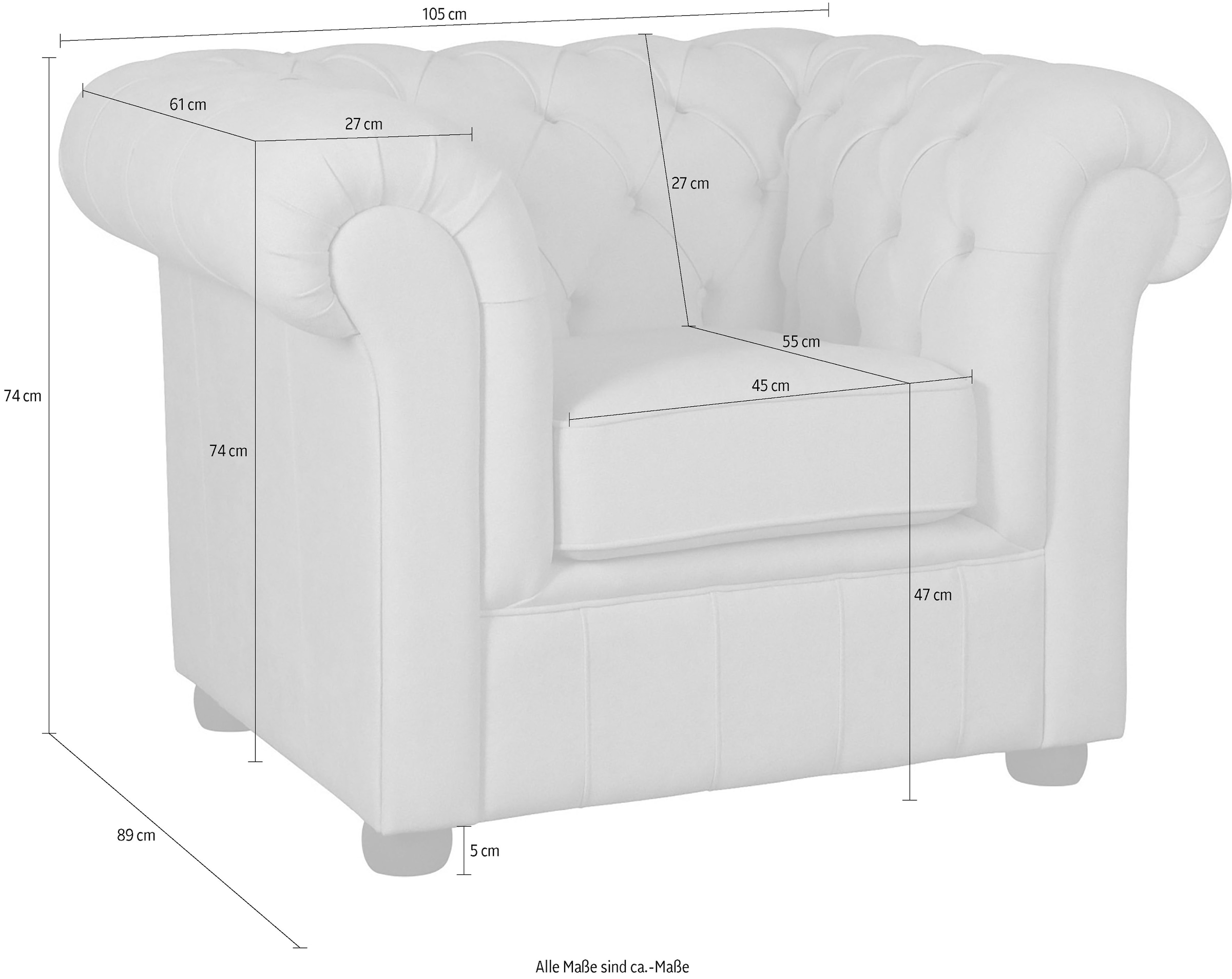 Home affaire Sessel »CHARENTE, Chesterfield, Wellenfederung, Masse B/T/H: 105/89/74 cm«, mit edler Knopfheftung und typischen Armlehnen