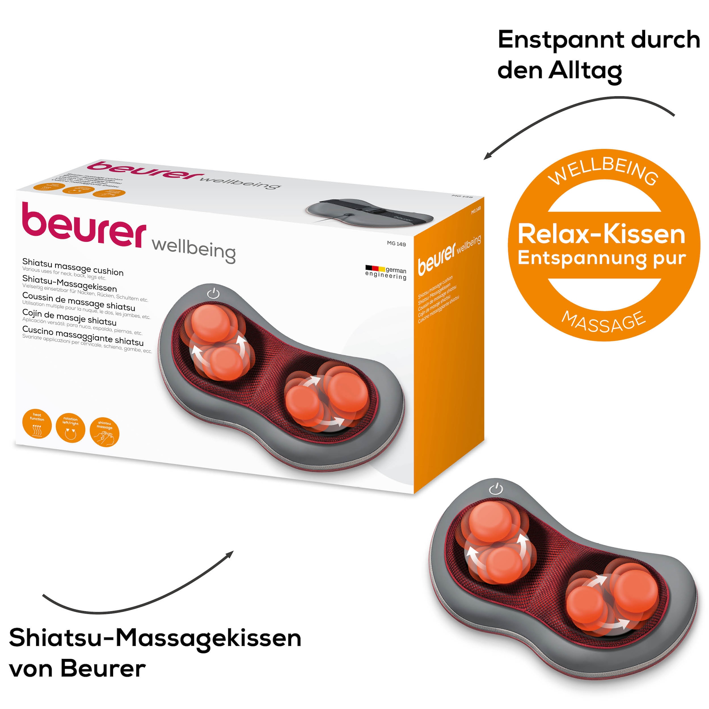 BEURER Shiatsu-Massagekissen »MG 149 für wohltuende Shiatsu-Massagen mit 4 Massageköpfen«, Mit Licht- und Wärmefunktion, waschbarer Bezug bei 30°C