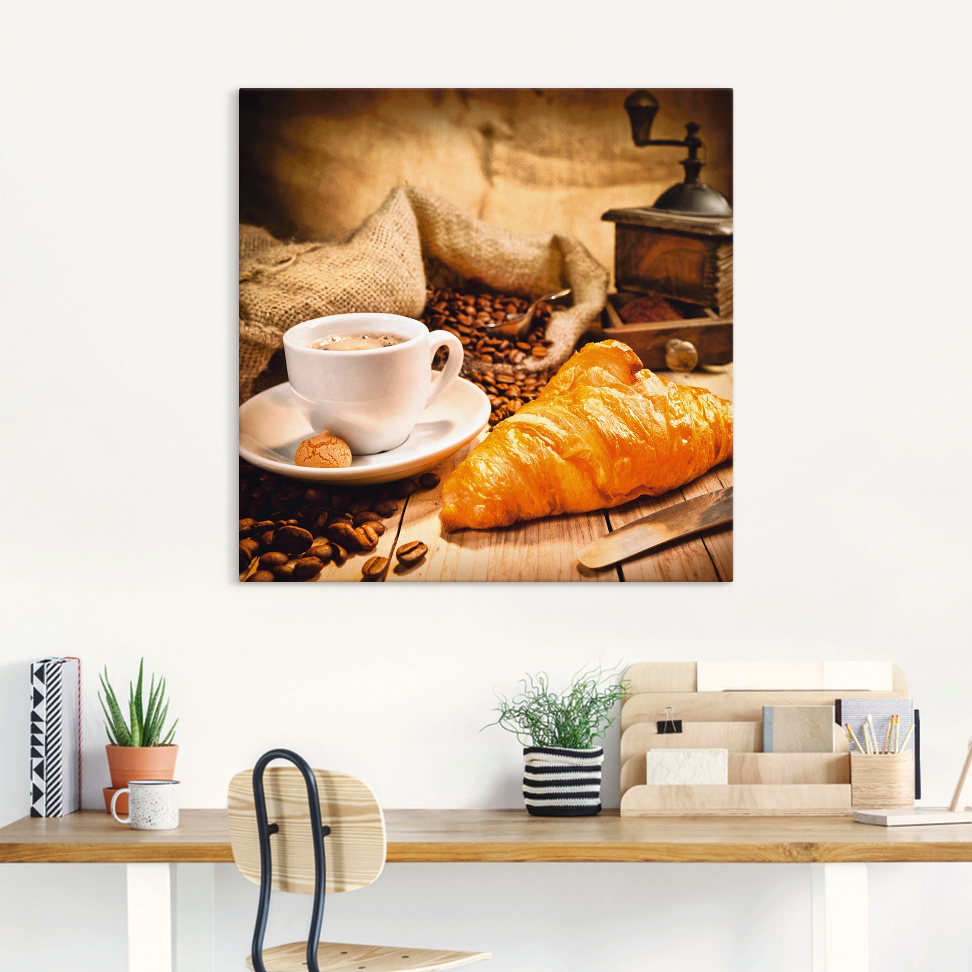 Artland Leinwandbild "Kaffeetasse mit Croissant" Getränke 1 Stk. tlg. auf Holzrahmen gespannt