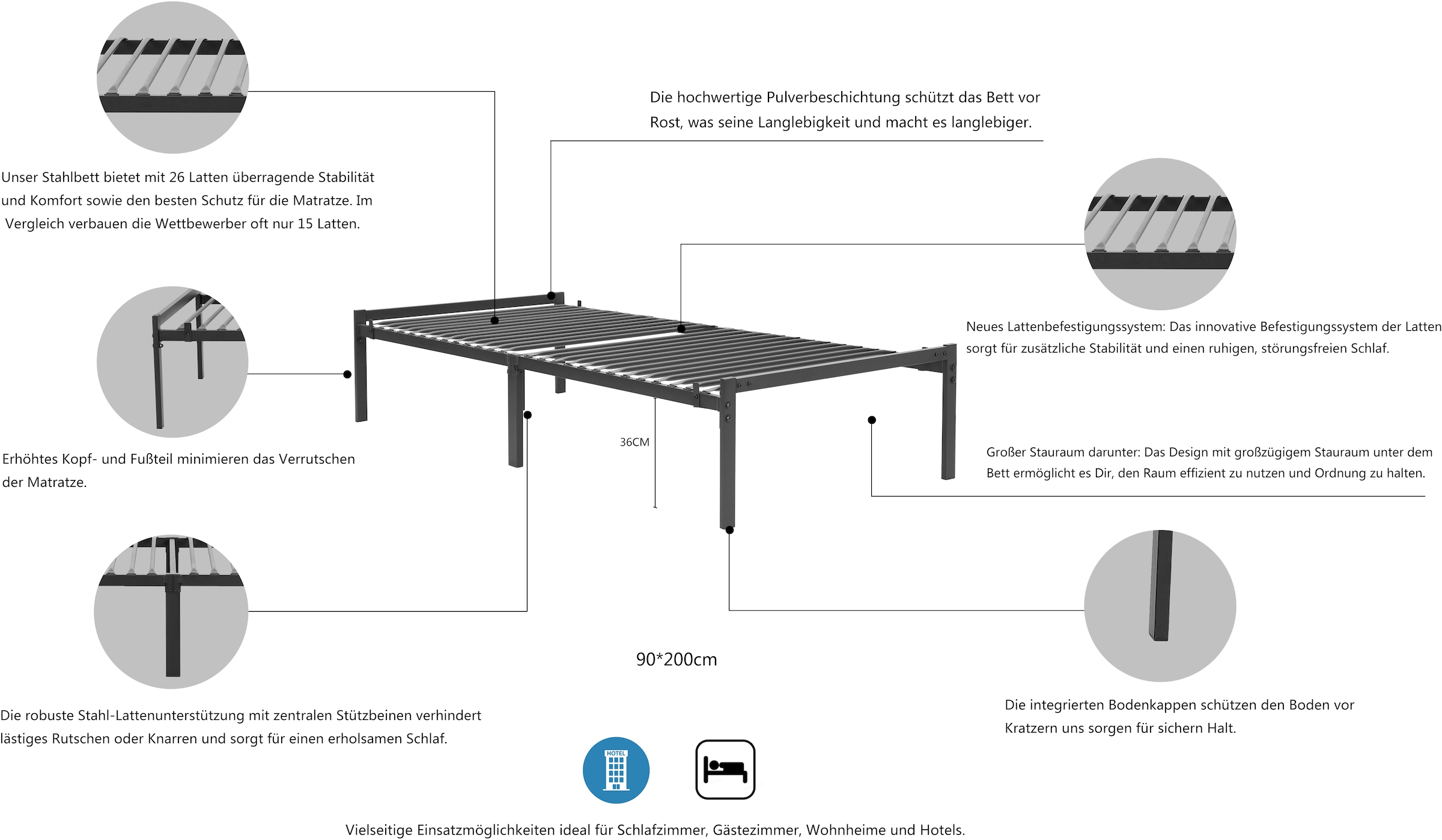 OTTO home Metallbett »LIST Bett Bettgestell Bettrahmen Einzelbett Doppelbett«, (Stahlbett schwarz in TOP Qualität und 4 Breiten), Bett mit 26 Lattenroste zum Schutz der Matratze Bestseller