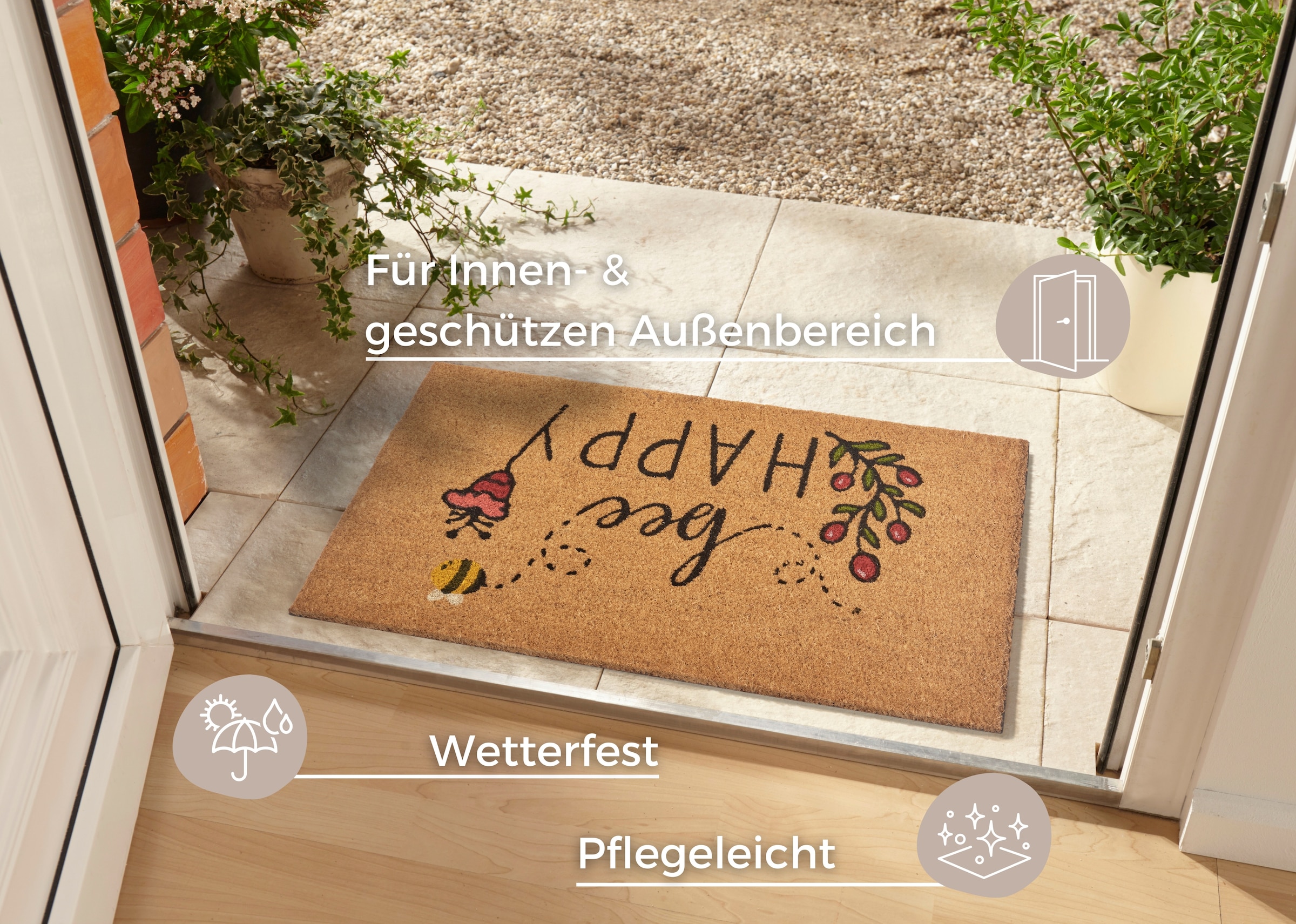 HANSE Home Fussmatte »Bee Happy, Türmatte«, rechteckig, 15 mm Höhe, Kokos, Schmutzfangmatte, Outdoor, Rutschfest, Innen, Kokosmatte, Flur
