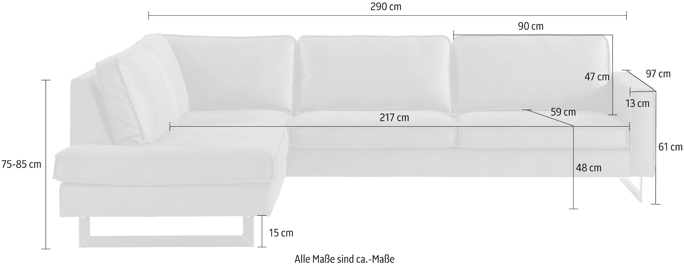 Places of Style Ecksofa »Pinto, 290 cm, Cord, Chenille, Lederoptik, Ottomane links / rechts«, mit Keder, schwarze Metallfüsse, Wellenunterfederung