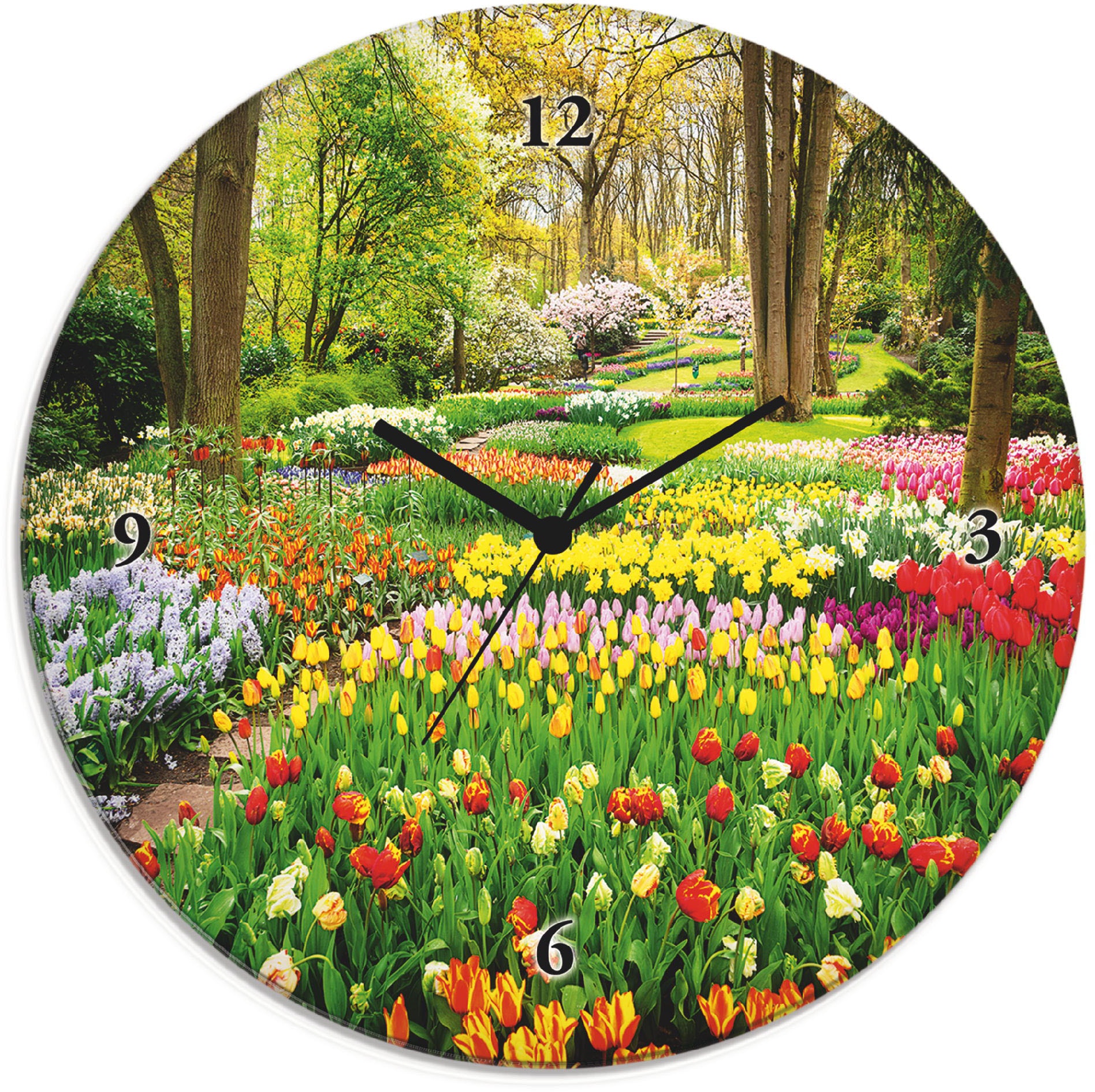 Wanduhr Artland Frühling«, Tulpen rund mit oder online Funkuhrwerk, Garten Jelmoli-Versand Quarz- lautlos Tickgeräusche »Glasuhr wahlweise bestellen | ohne