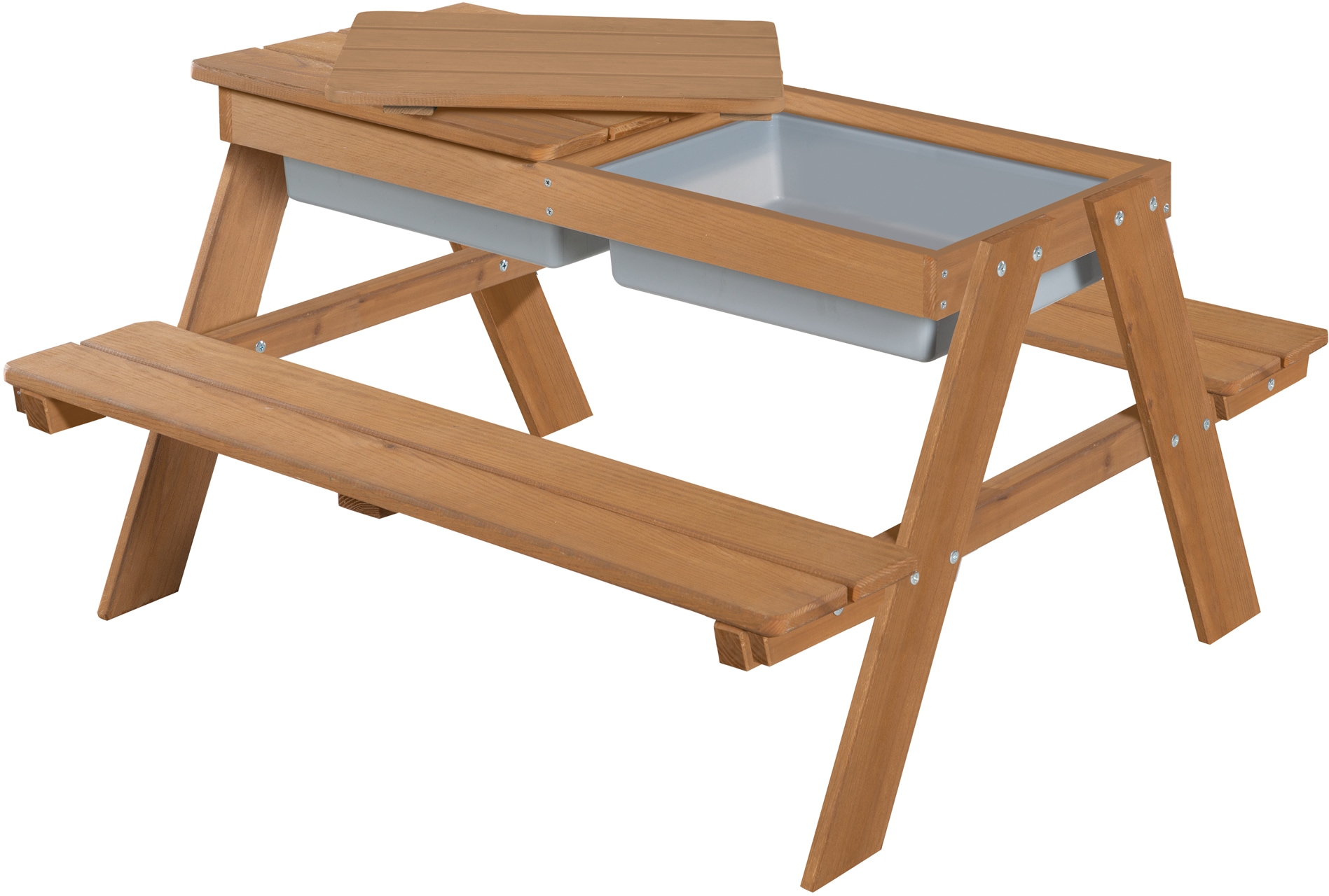 roba® Kindersitzgruppe »Picknick for 4 Outdoor + mit Spielwannen, Teakholz-Optik«, (Set), mit abgerundeten Ecken; inklusive Sitzauflagen Â»Little StarsÂ«