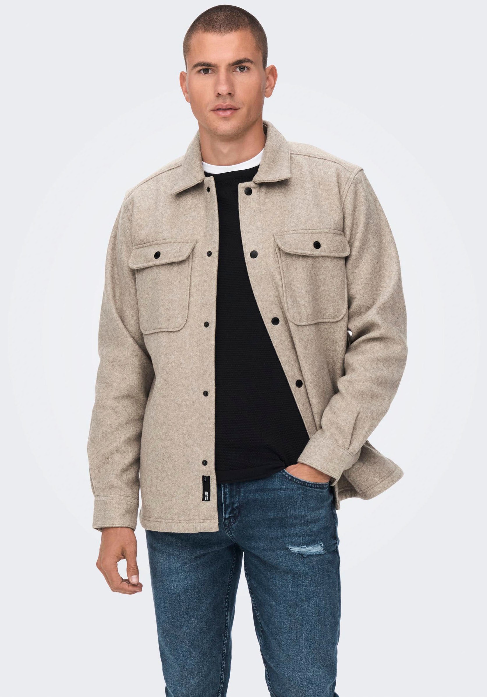 ONLY & SONS Langarmhemd »ONSASH OVR WOOLEN LOOK PKT LS SHIRT NOOS«