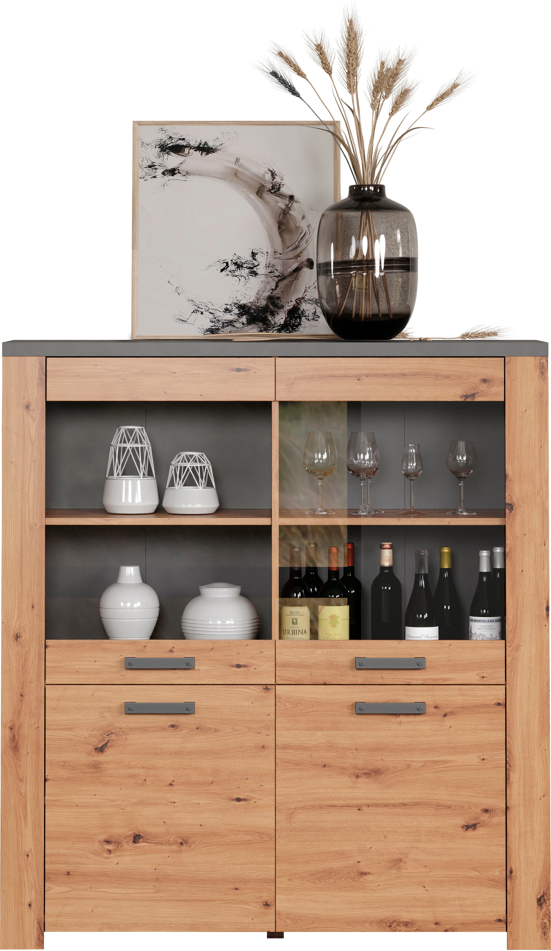 Home affaire Highboard »Ambres«, (1 St.), Vitrine, Echtholzoptik, ca. Masse BxH: 127x139 cm