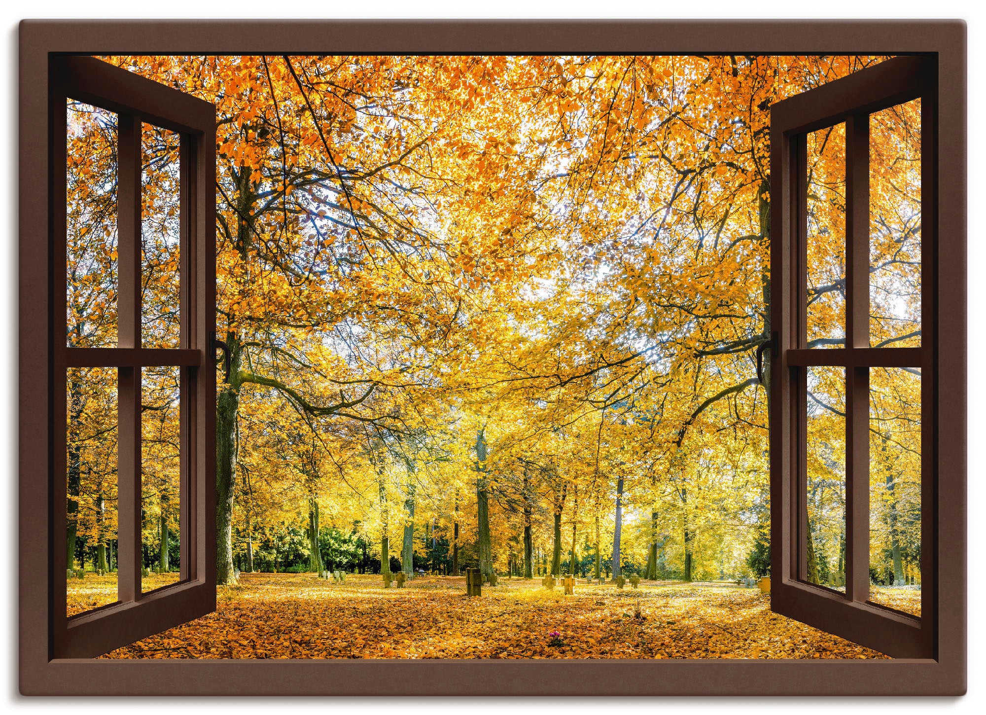 Artland Wandbild »Fensterblick Grössen | Fensterblick, Leinwandbild, bestellen St.), online Panorama«, - als Herbstwald (1 oder Wandaufkleber Jelmoli-Versand Poster versch. in