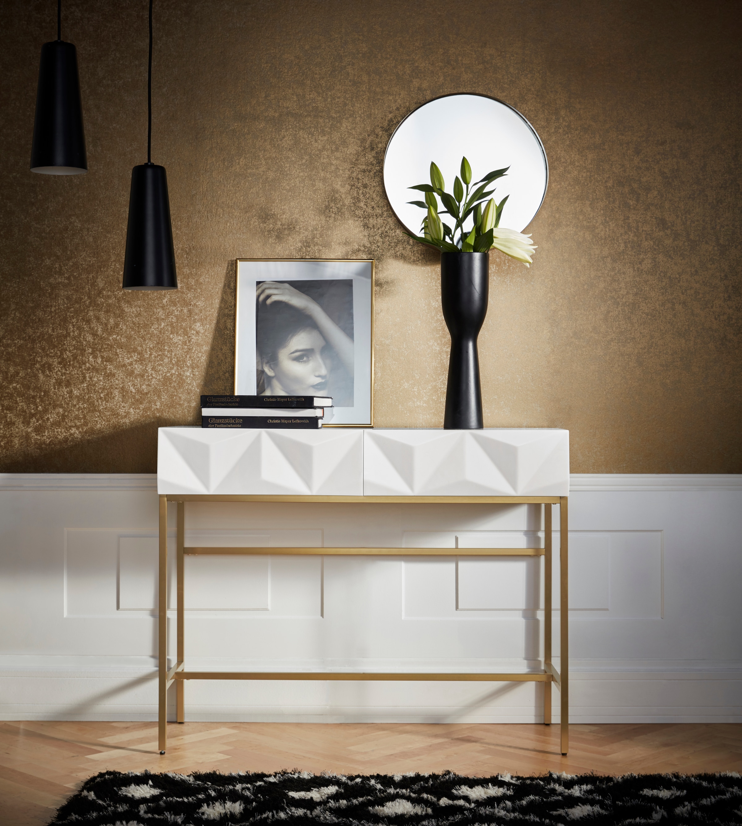 Leonique Sideboard »Minfi, TOPSELLER!, OTTOs Choice«, in 3D-Optik, Konsolentisch mit goldfarbenem Metallgestell