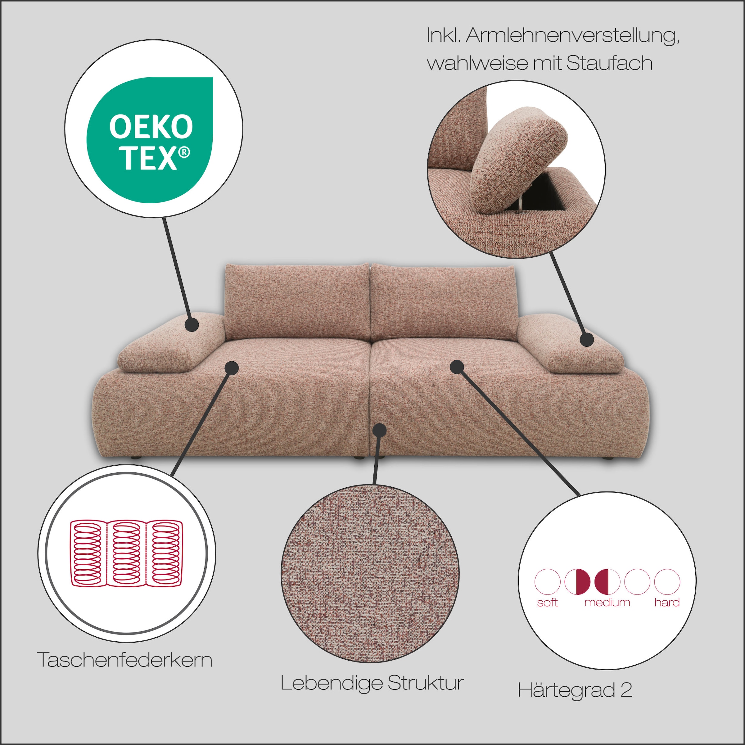 DOMO collection Big-Sofa »Évora Megasofa Breite 244 cm«, (2 St.), Federkern, inkl. Armlehnenverstellung, Struktur grob, silberfarben